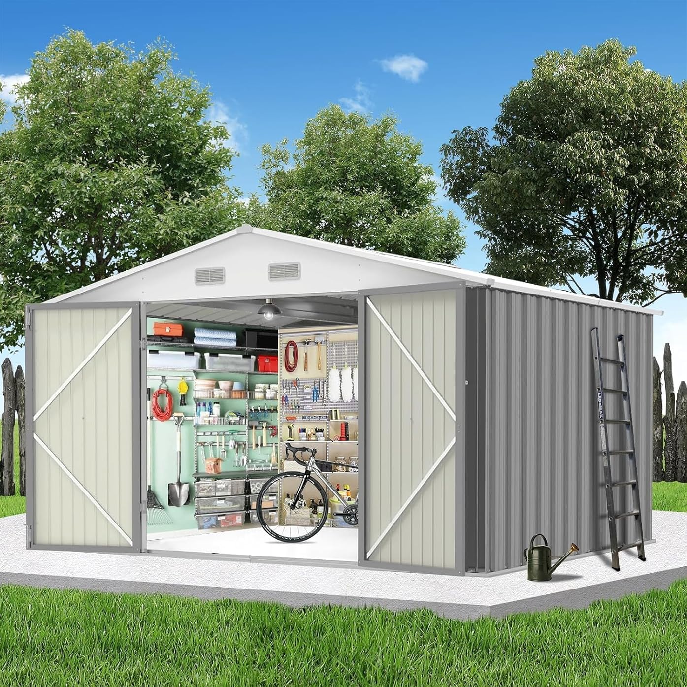 12X10 FT Outdoor Large Metal Shed, Galvanized Steel Utility Storage Shed with Lockable Door & Vents, Waterproof All-Weather Garden Tool Shed for Lawn Mower, Bike