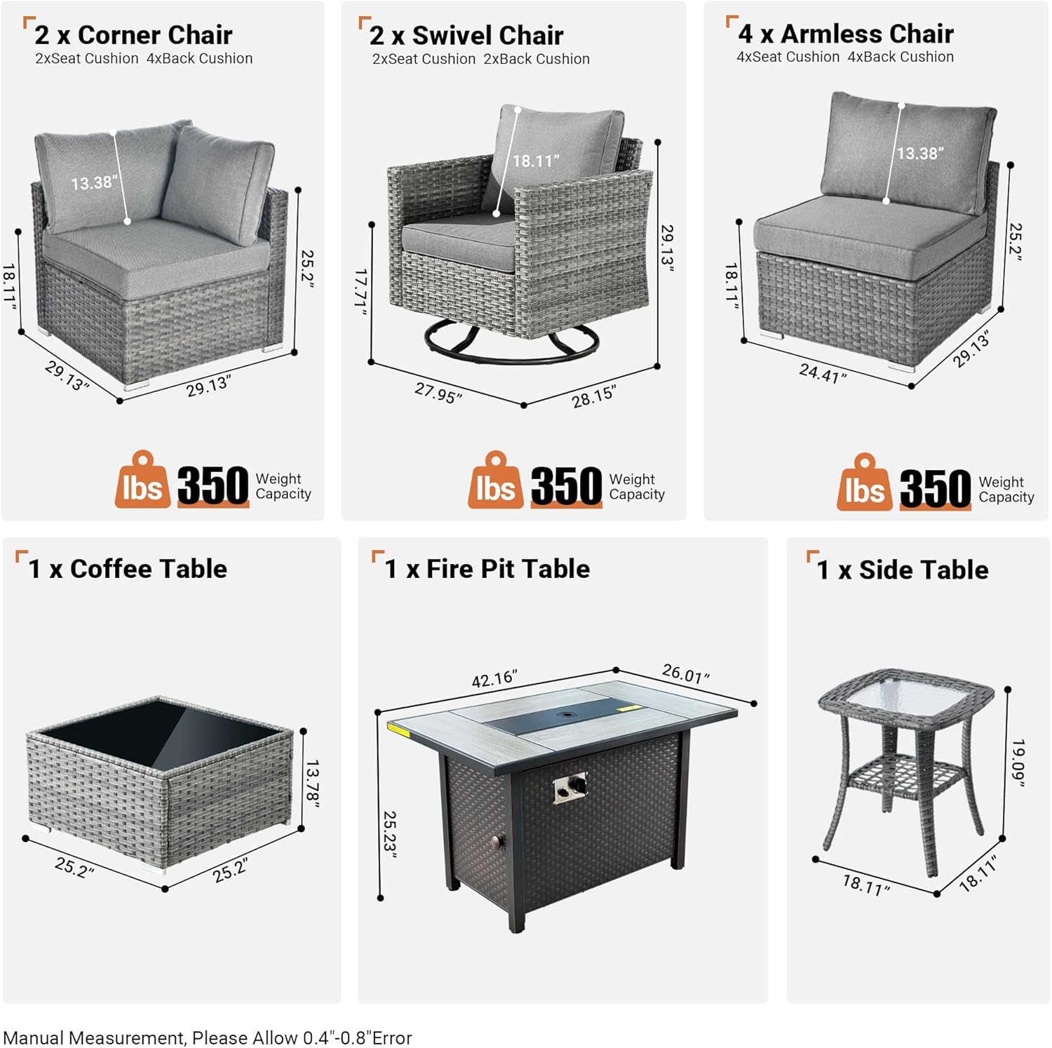 ovios 11 Piece Outdoor Patio Furniture Set with Fire Pit Table,Conversation Sectional Wicker Couch with Swivel Chairs,Modern Outside Sofa for Balcony Backyard, Dark Grey