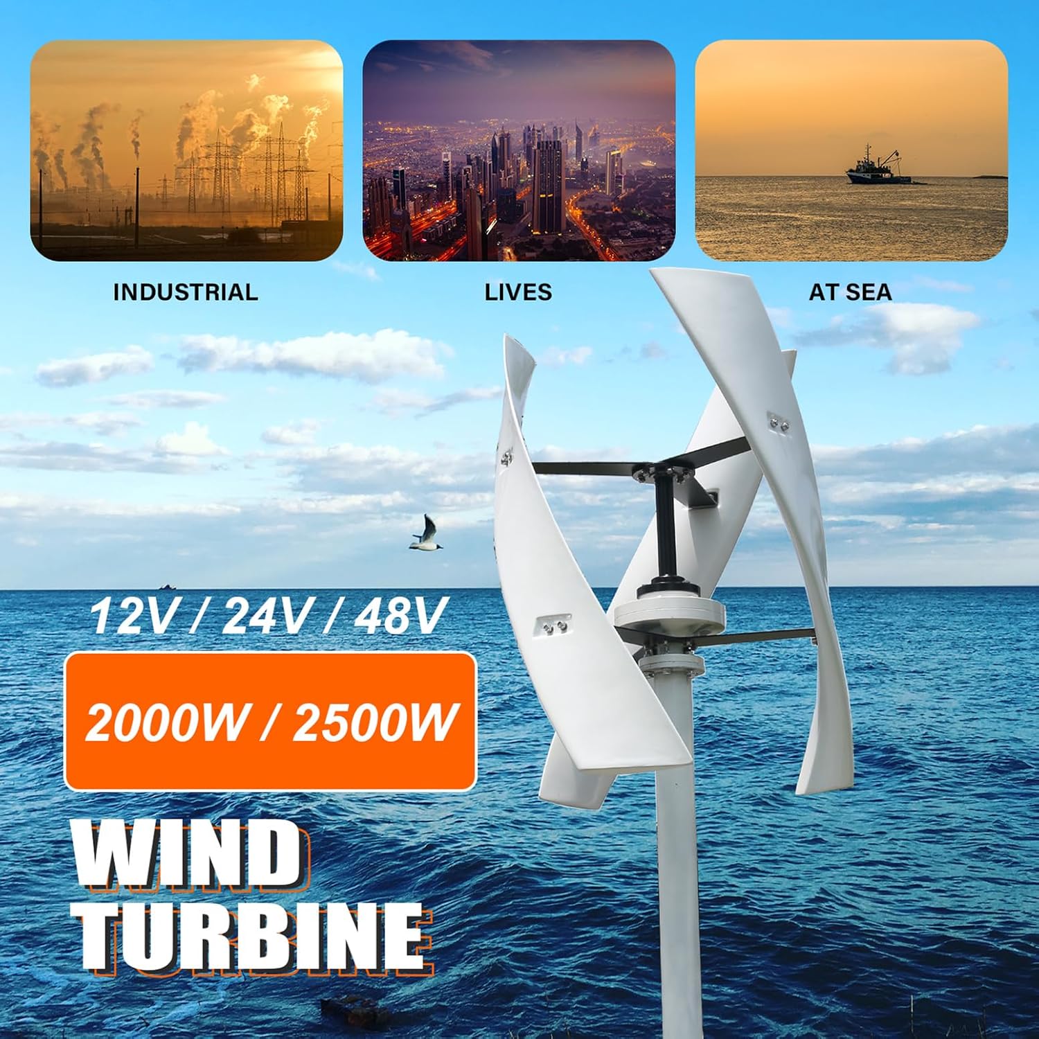 2000W / 2500W Windmill Generator Low Speed 3 Blades Wind Turbine Kit 12V / 24V / 48V Permanent Magnetic Levitation Vertical Axis Wind Power Generator for Home Roof,Red,2500W48V