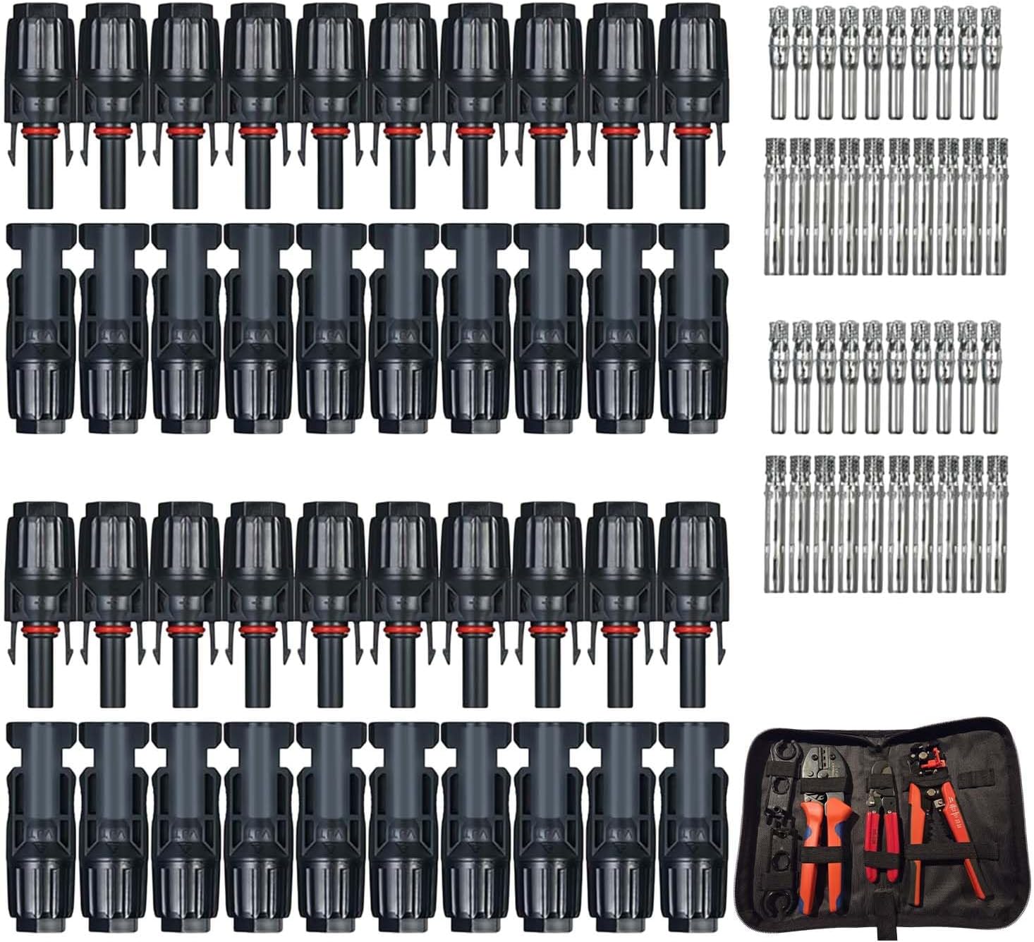 5 Piece Tool Solar Kit | 40 Piece 2 PV Solar Panel 20 Male 20 Female Connector Kit | Compatible with 10 AWG Solar Cable, 30 Amp, 1000V DC, IP67 Waterproof |