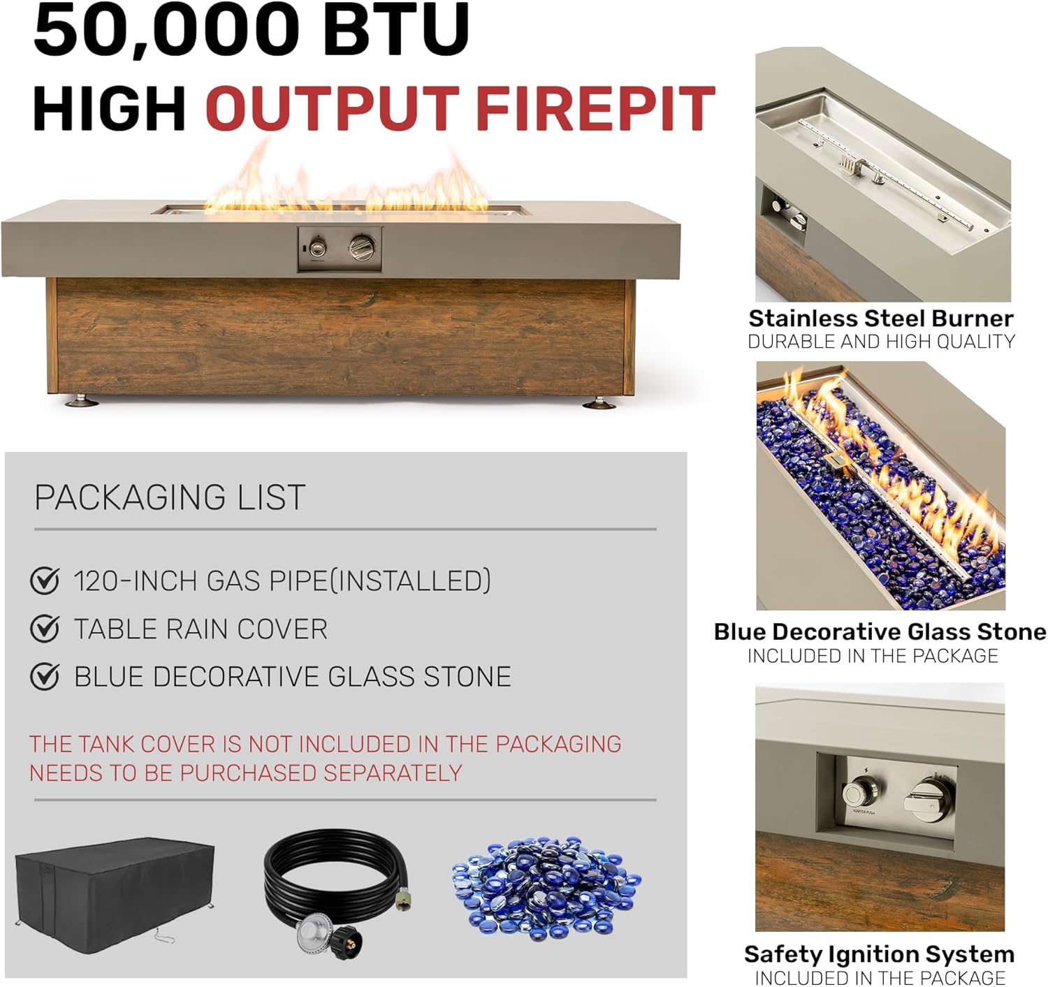 48_inch Iron Fire Pit Table with Wood Grain, Outdoor Patio Heater for Backyard Garden, Rustic Fire Pit Table with Realistic Wood Finish, Durable & Weather-Resistant Metal, Easy Assembly