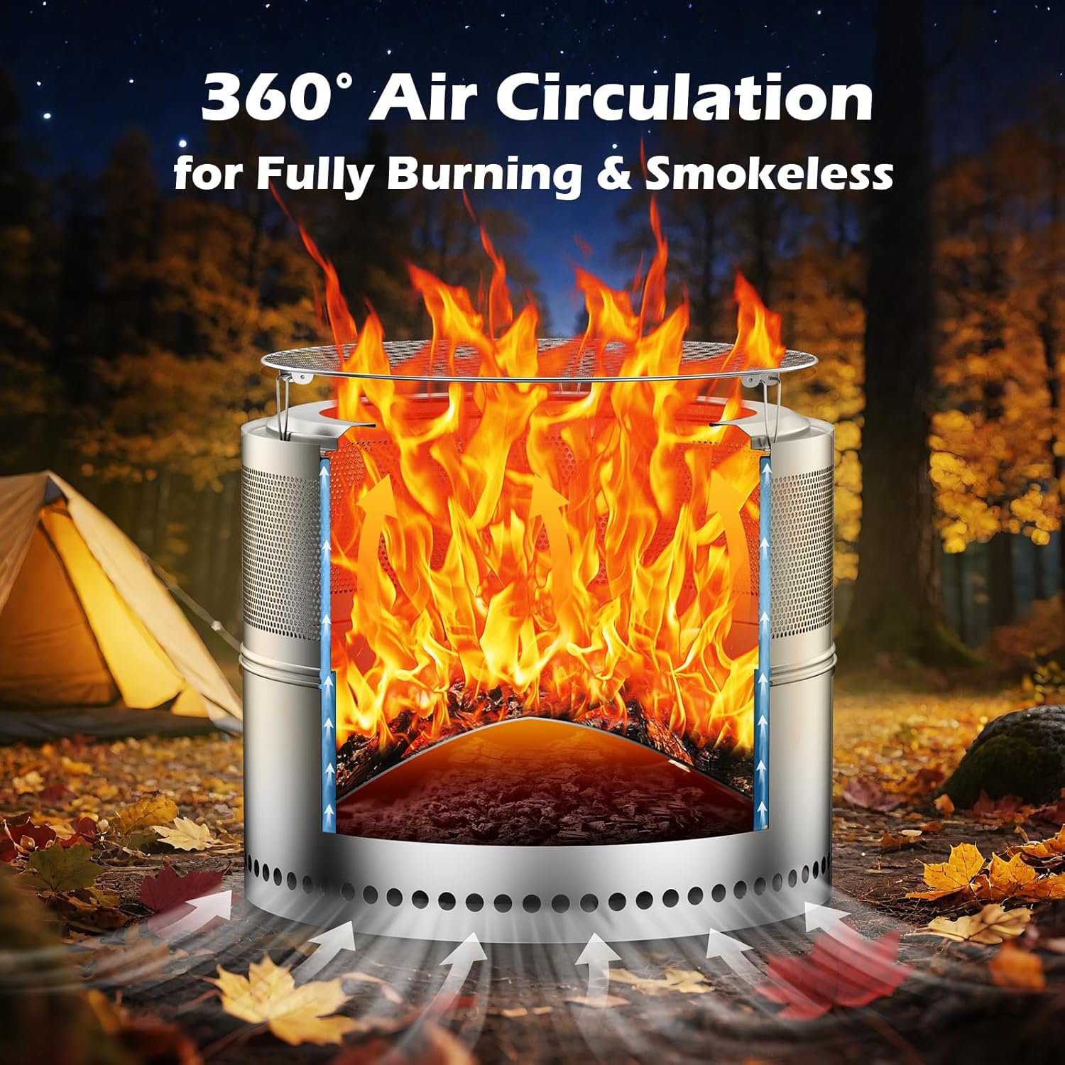 20 Inch Smokeless Fire Pit, Outdoor Double-Wall Airflow Stainless Steel Firepit with Grill Rack & Ash Pan, 360° Airflow Bonfire Stove Design, Efficient Wood Burning, Portable for Camping & Gatherings