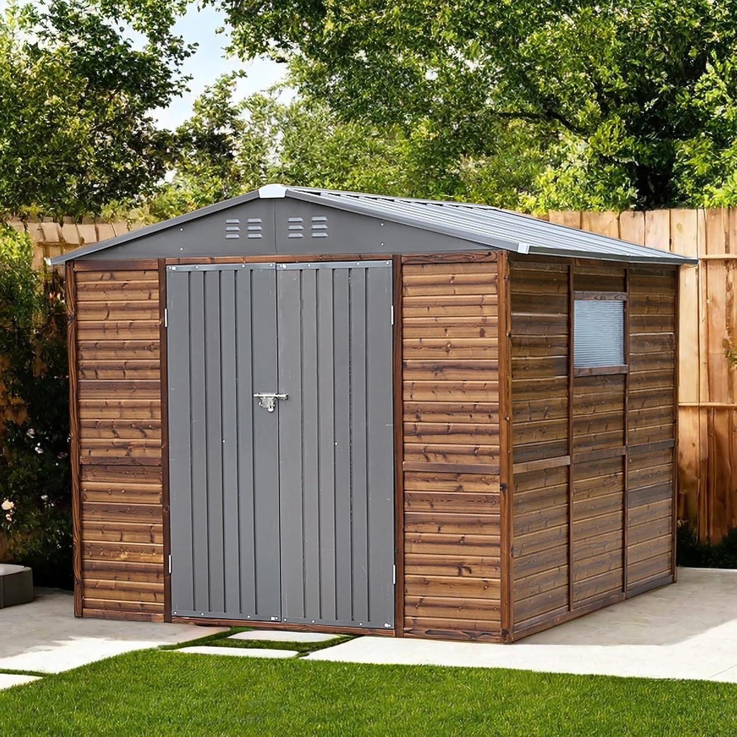 Shed 8' x 8' Storage Shed, 8x8 FT Wood Sheds & Outdoor Storage Clearance, Utility and Tool Garden Shed, Waterproof Storage Shed Large with Lockable Doors for Backyard, Patio, Outside