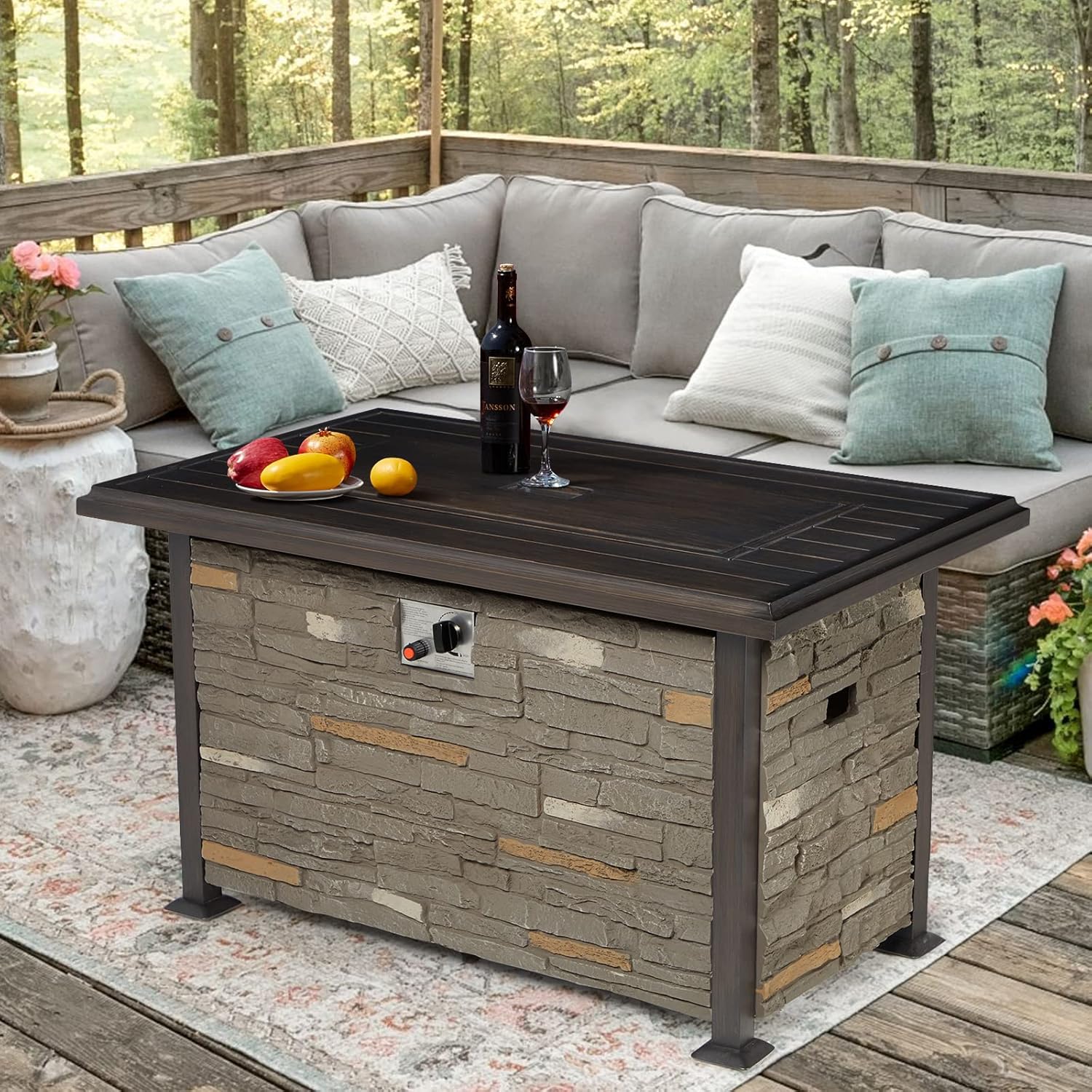 Vicluke 44 Inch Aluminum Propane Fire Pit Table w/Faux Ledgestone, Hand-Painted Table Top, 50,000 BTU Fire Table w/CSA Certification,Waterproof Cover,Glass Rock for Outdoor, Patio, Christmas(Grey)
