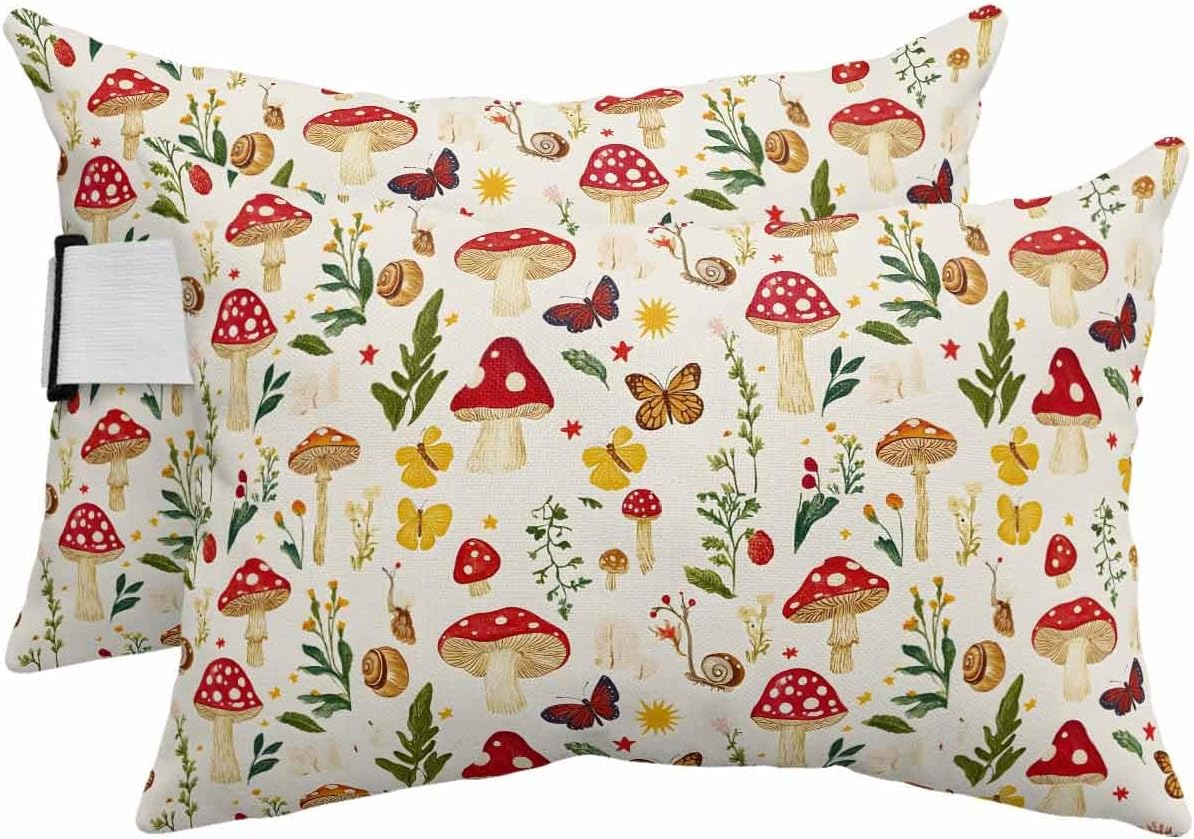 Outdoor Pillow for Chaise Lounge Chair Red Mushroom Waterproof Lumbar Pillow with Insert Leaf Butterfly Headrest Pillow with Adjustable Elastic Stripe for Recliner Beach Garden Patio 12x20 Inch