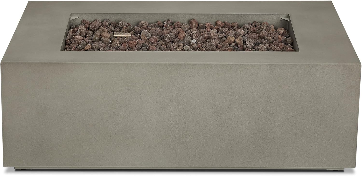 Real Flame Aegean 42in Rectangle Propane or Natural Gas Fire Pit Table, 50,000 BTU, Powder-Coated Steel, Push-Button Ignition, CSA Certified, Lava Rock, Storage Cover, Stainless Steel Burner with Lid