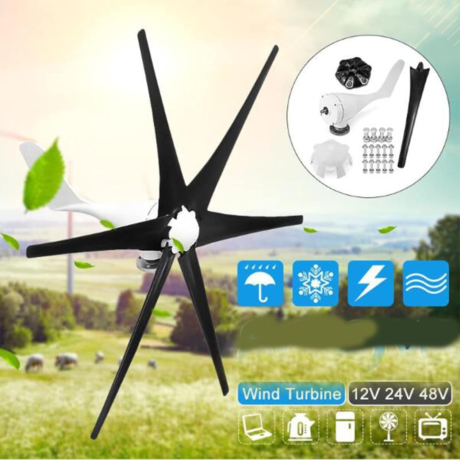 10000W Horizontal Wind Turbine Generator Kits, 12V -48V Off Grid System Hybrid Charge Controller,Turbines Wind Turbine Energy Generators