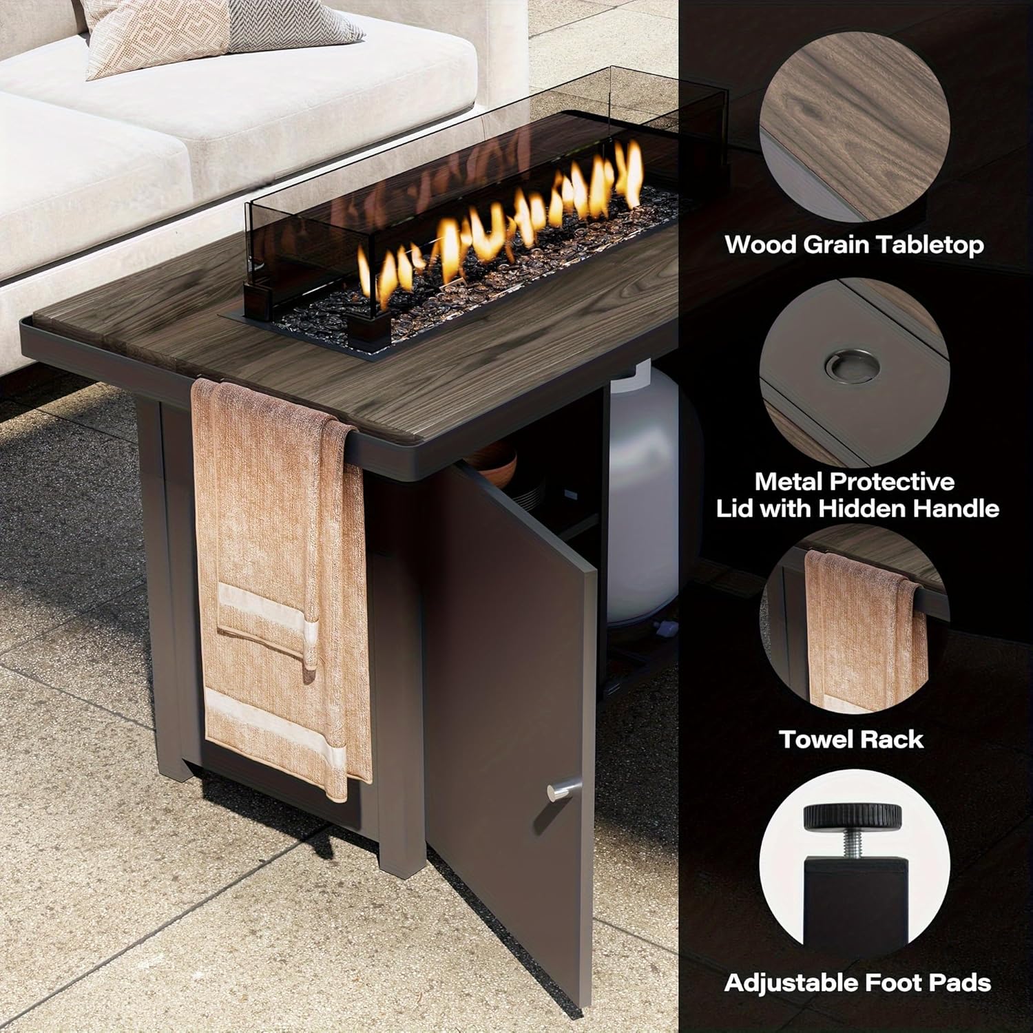 Propane Fire Pit Table with Lid, 55, 000 BTU Gas Fire Pits for Outside Patio with Glass Wind Guard, Gray Glass Beads (Black, 43-inch)