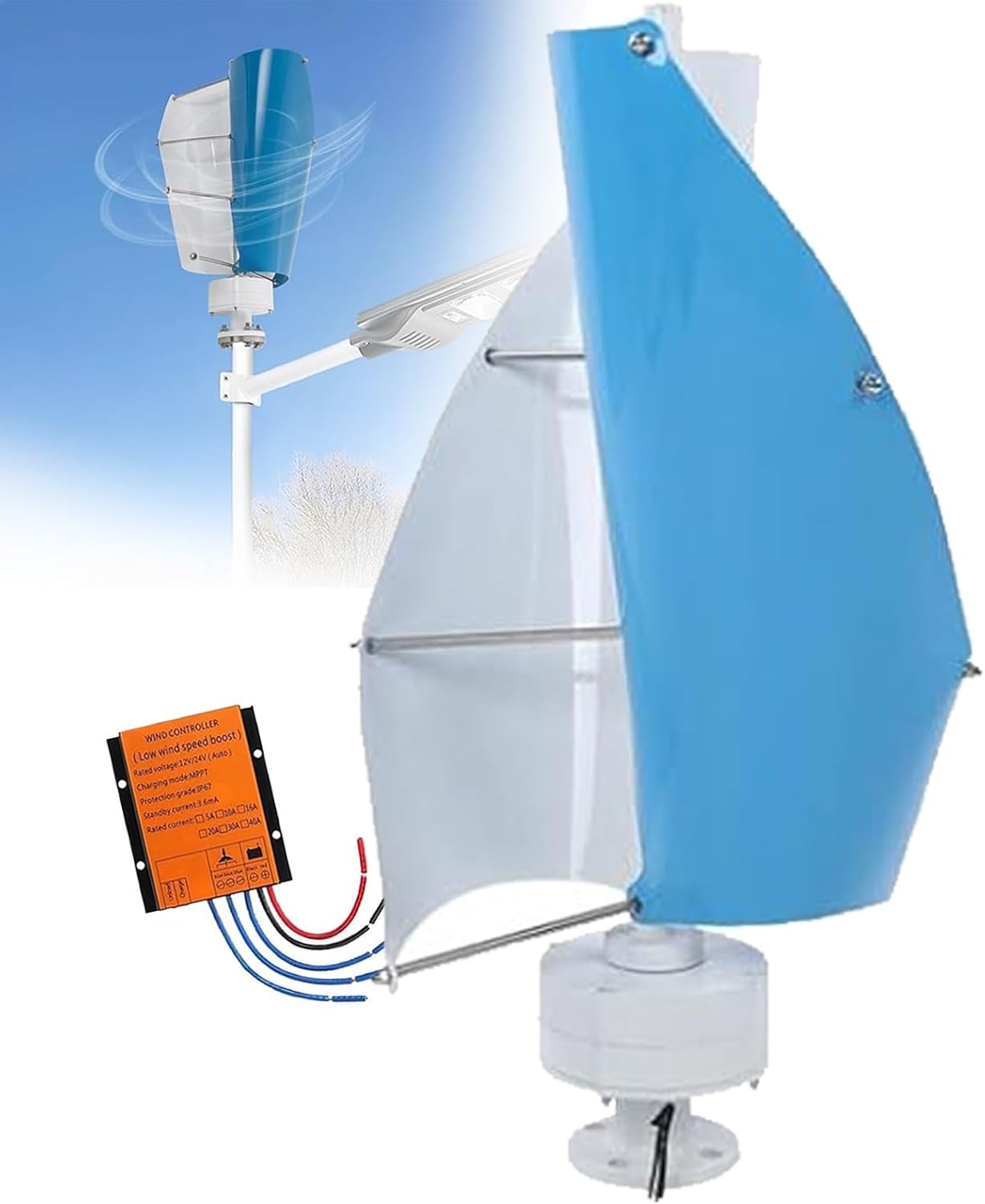 Magnetic Levitation Wind Turbine 18000W, 42.65ft/s Vertical Axis Generator for Home & Business, Eco-Friendly Windmill Kit with Controller, Hybrid Energy System (Blue, 48V)