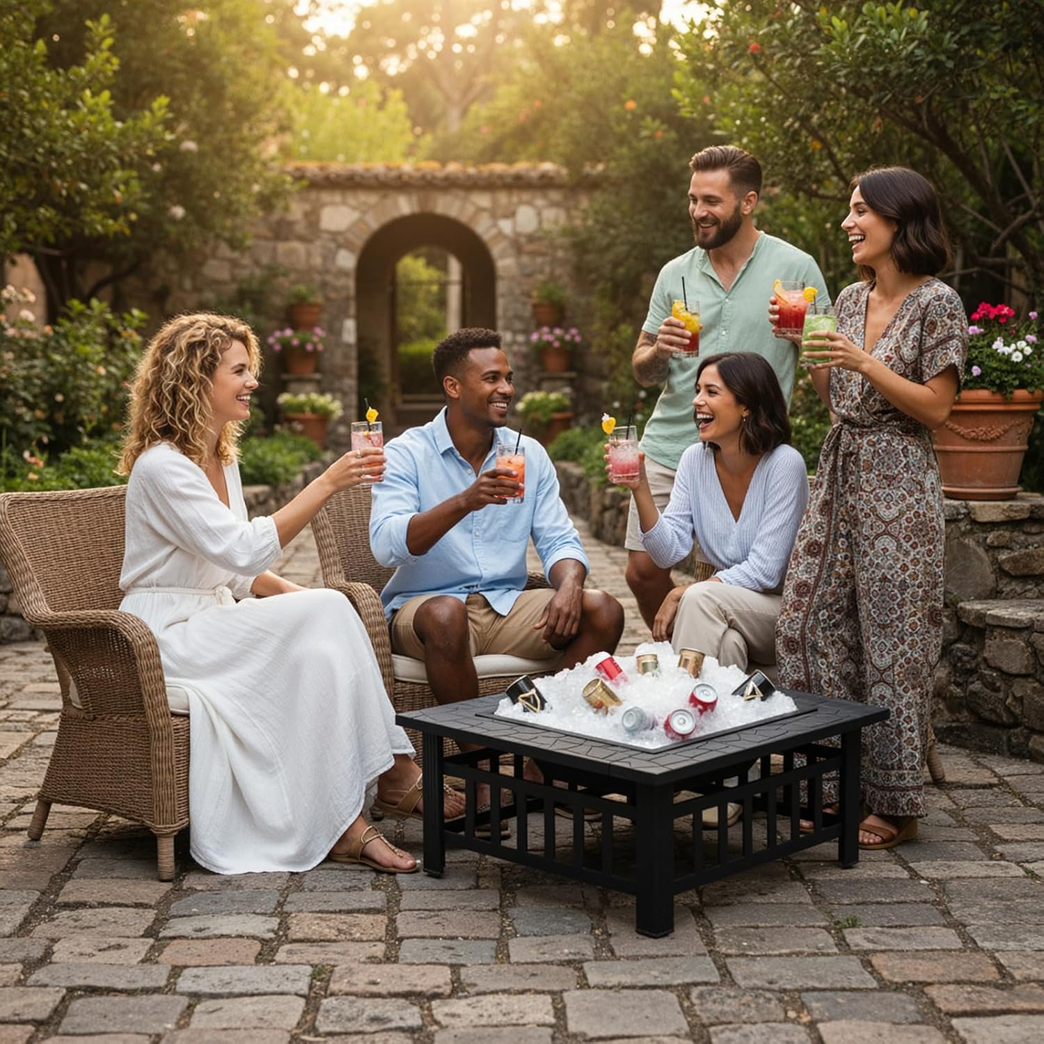 MAMIZO 32 inch Outdoor Fire Pit, Wood Outside Burning Square Metal Firepits Stove Table w/Accessories, Spark Screen, Waterproof Cover, Poker Included for Backyard BBQ Patio Camping Bonfire Heating