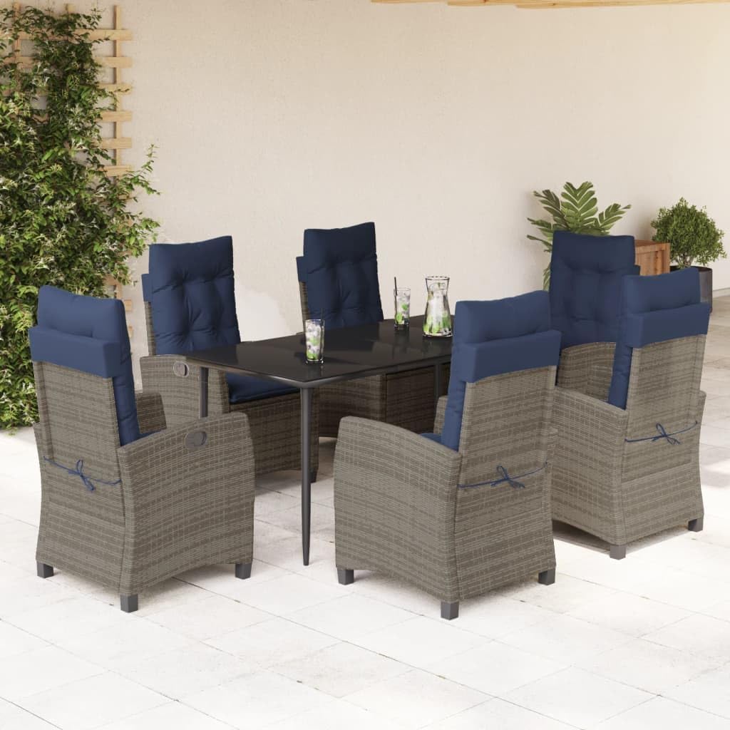 7 Piece Patio Dining Set with Cushions Gray Poly Rattan,Outdoor PE Rattan Dining Set with Adjustable Backrest and Tempered Glass Tabletop Patio Furniture Sets, Outdoor Furniture Sets