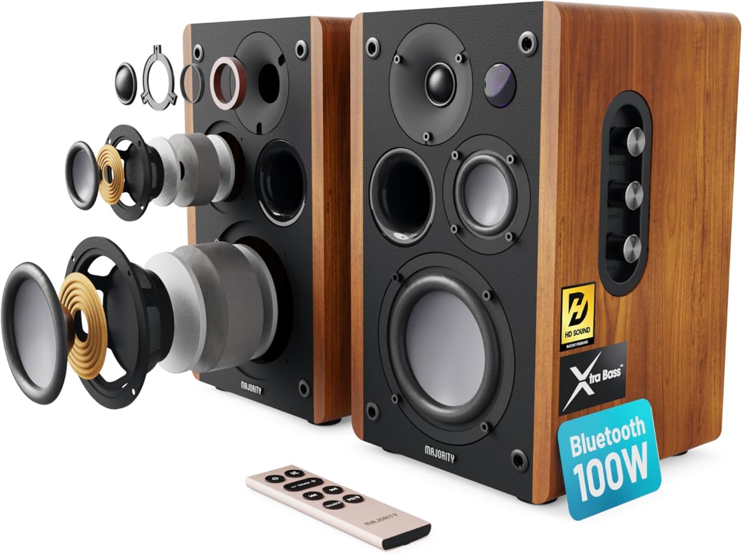 Majority Powered Bookshelf Speakers | 5.3 Bluetooth Stereo Speakers | 100W Active Bookshelf Speakers | Powered Studio Monitor Speakers with Xtra Bass & 3 Drivers D100