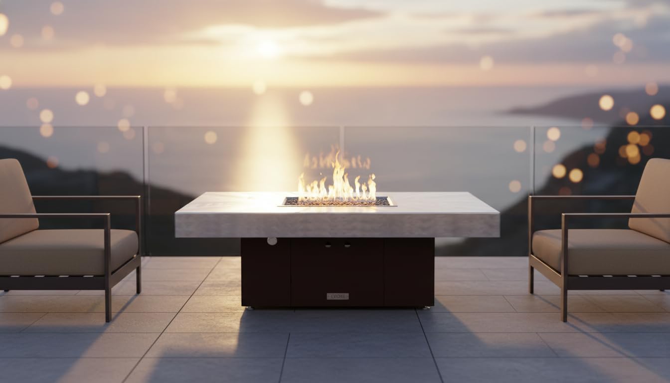 COOKE Santa Barbara Rectangular Fire Pit Table - 40 x 30 - Propane - Brushed Aluminum Top - Dark Cherry Powdercoat Base