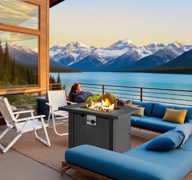 Outdoor Propane Gas Fire Pit Table, Auto-Ignition Square Wicker-Effect Gas Firepit with Ceramic Tabletop