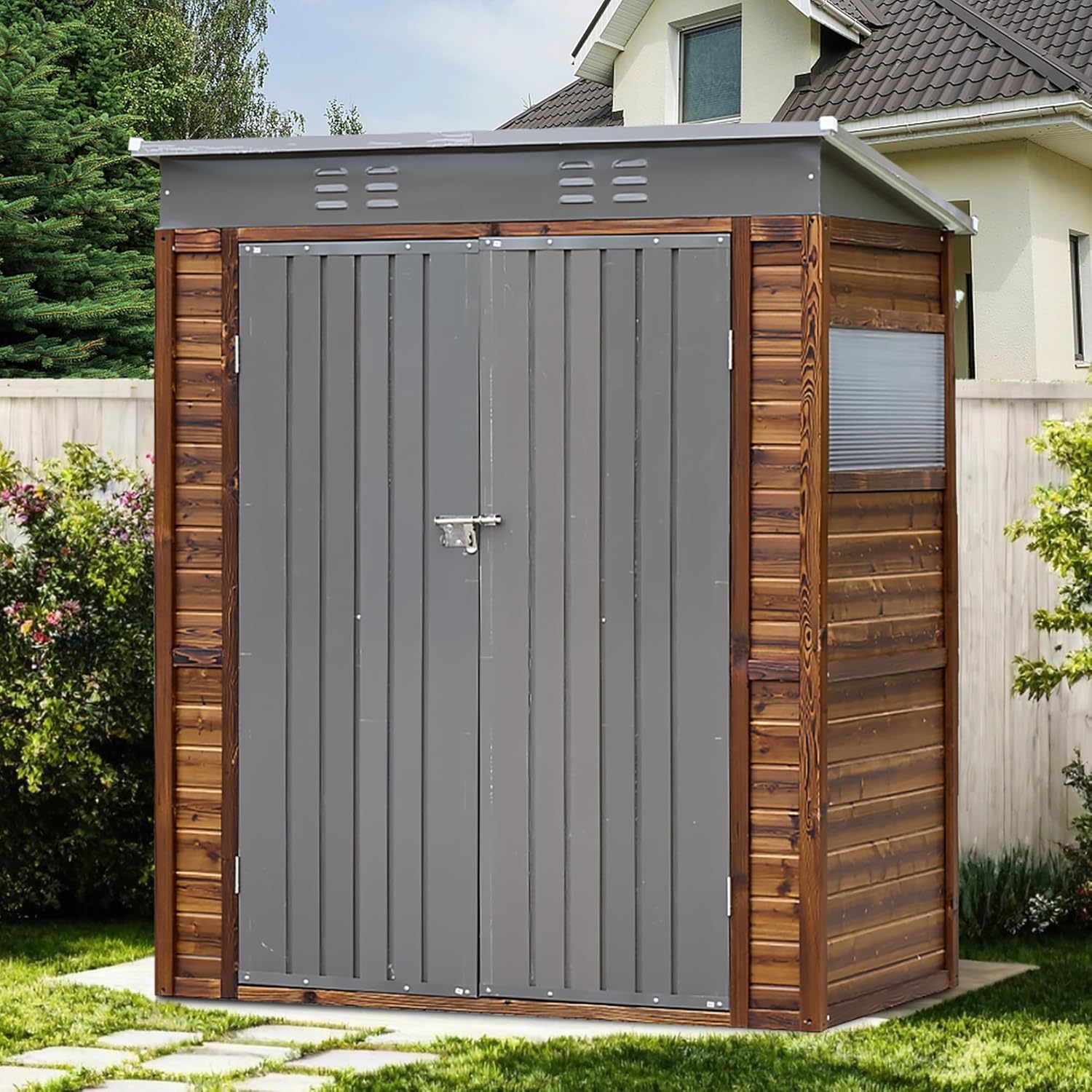 Outdoor Storage Shed, Iron-Wood Combination Tool Shed with Lockable Door & Shutter Vents, Waterproof Storage Garden House for Backyard Lawn Patio (3X5FT)