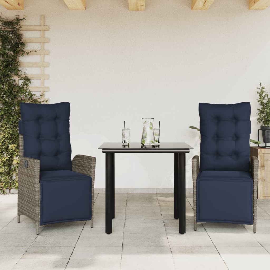 Furniture Sets 3 Piece Patio Dining Set with Cushions Gray Poly Rattan,Outdoor Rattan Dining Set with Adjustable Backrest and Cushions for Garden or Patio Garden Conversation Sets