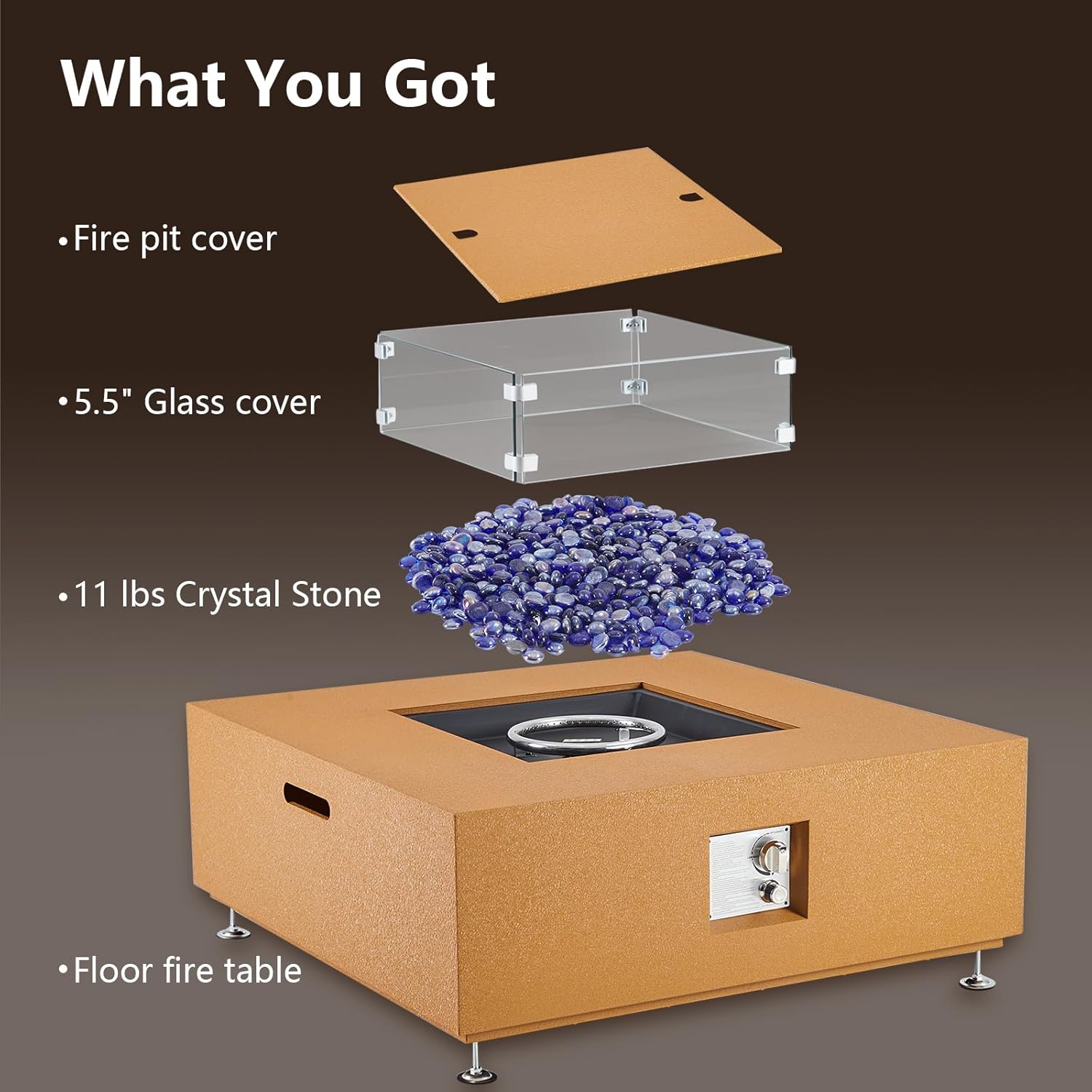 36 Inch Outdoor Propane Fire Pit Table, Gas Patio Heater with Thermostat, Iron Yellow Leather Fire Pit with Crystal Stones, Wind Shield, Cover & Handles