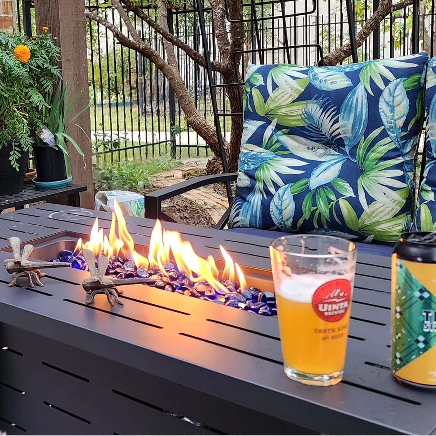 R.W.Flame 43-Inch Propane Fire Pit Table, 50,000 BTU Outdoor Gas Firepit with Waterproof Cover, Glass Stones, Removable Lid, Cup Holders, 2-in-1 Fire Table for Patio, Backyard, Garden, Black