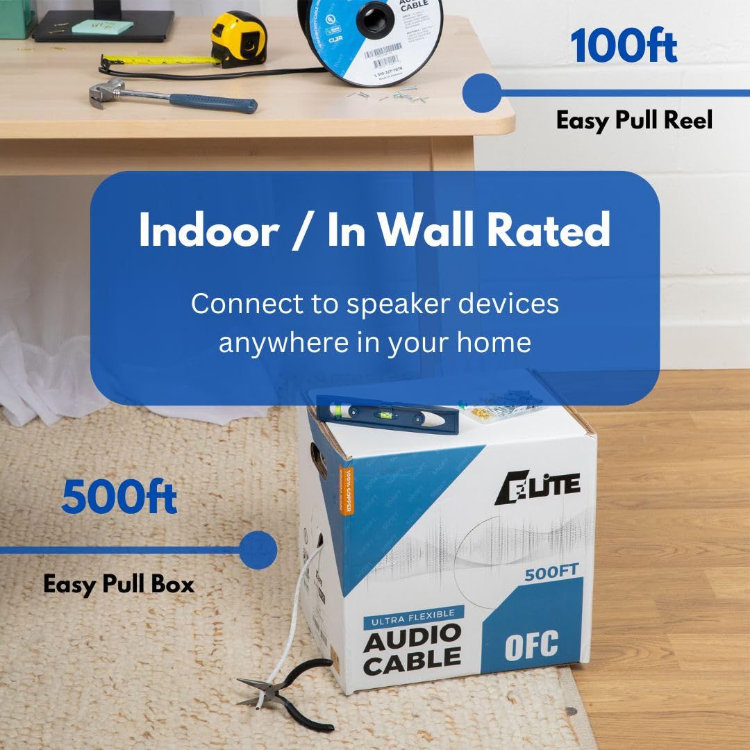 Elite 16/2 Speaker, 16AWG/2-Conductor, UL Listed, CMR/CL3R, (Riser/in-Wall & Outdoor/In-Ground (Direct Burial)- 100% Oxygen Free Pure Bare Copper (OFC), 500ft Bulk Cable (65 Strands) Black