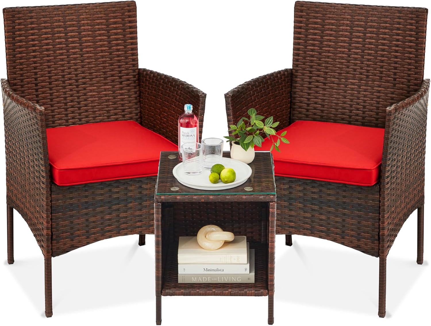 Best Choice Products 3-Piece Outdoor Wicker Conversation Bistro Set, Space Saving Patio Furniture for Garden w/Side Table - Brown/Red