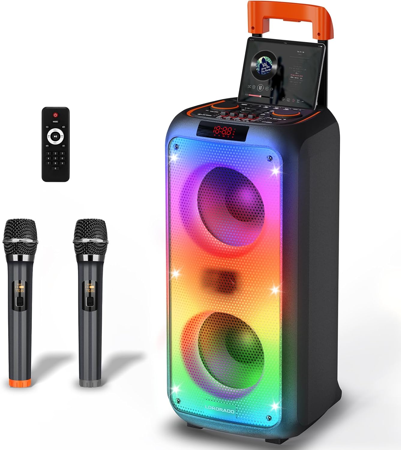 Karaoke Machine for Adults, Portable PA System Karaoke Machine Party Speaker with 2 Microphones, Supporting TF/USB/AUX, TWS & LED Mode (Black)