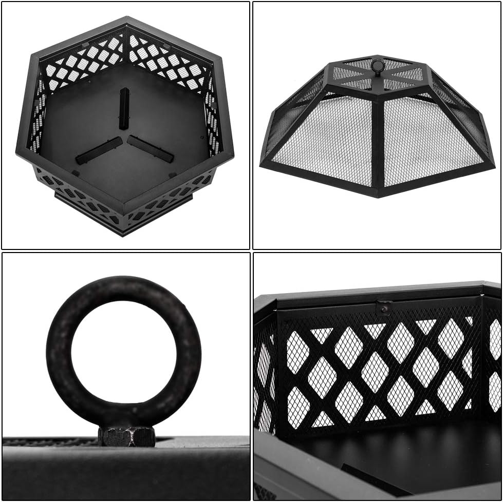 Outdoor Fire Pit Fireplace Portable Firepit Iron Brazier Wood Burning Coal Pit Fire Bowl Stove with Mesh Screen Lid Poker for Camping Patio Garden Backyard Beach Picnic (27.5