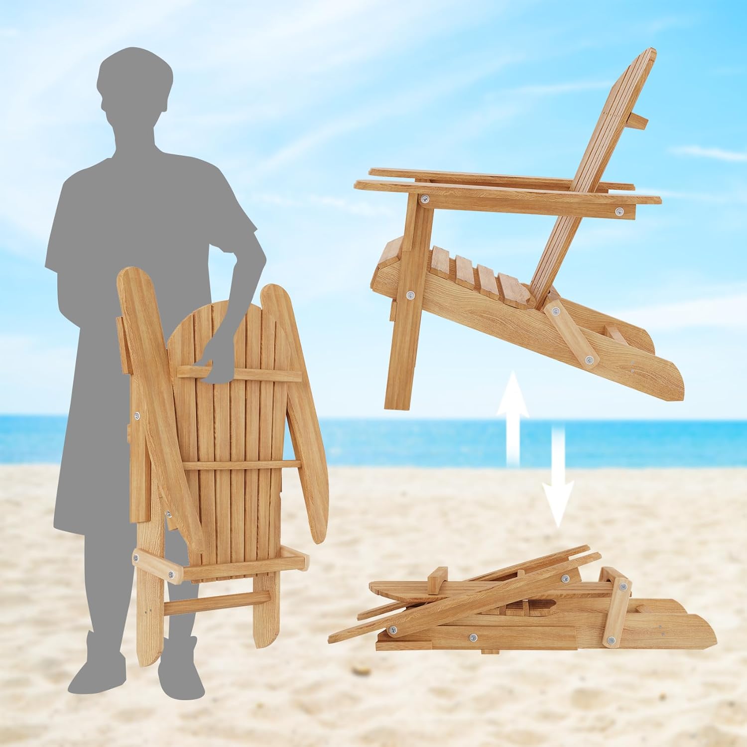 Adirondack Chairs Set of 2, Folding Wooden Adirondack Chair, Fire Pit Chairs, Outdoor Lounge Furniture for Yard, Garden, Patio (Natural)