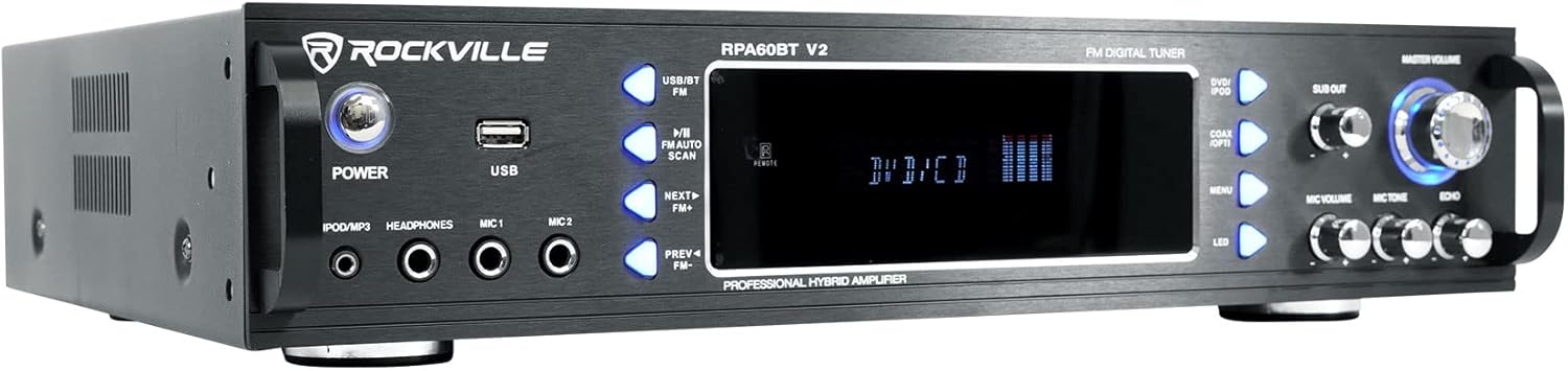 Rockville RPA60BT V2 1000 Watt 2-Channel Amplifier Mixer, Bluetooth, USB, Mic Inputs, EQ Controls, for DJs and Karaoke