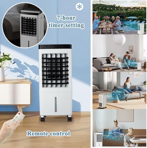 Portable Air Conditioner, 10L Evaporative Cooler with Remote Control, Adjustable Wind Speeds - Perfect for Bedrooms, Living Rooms & Outdoor Use, Energy-Efficient White Design