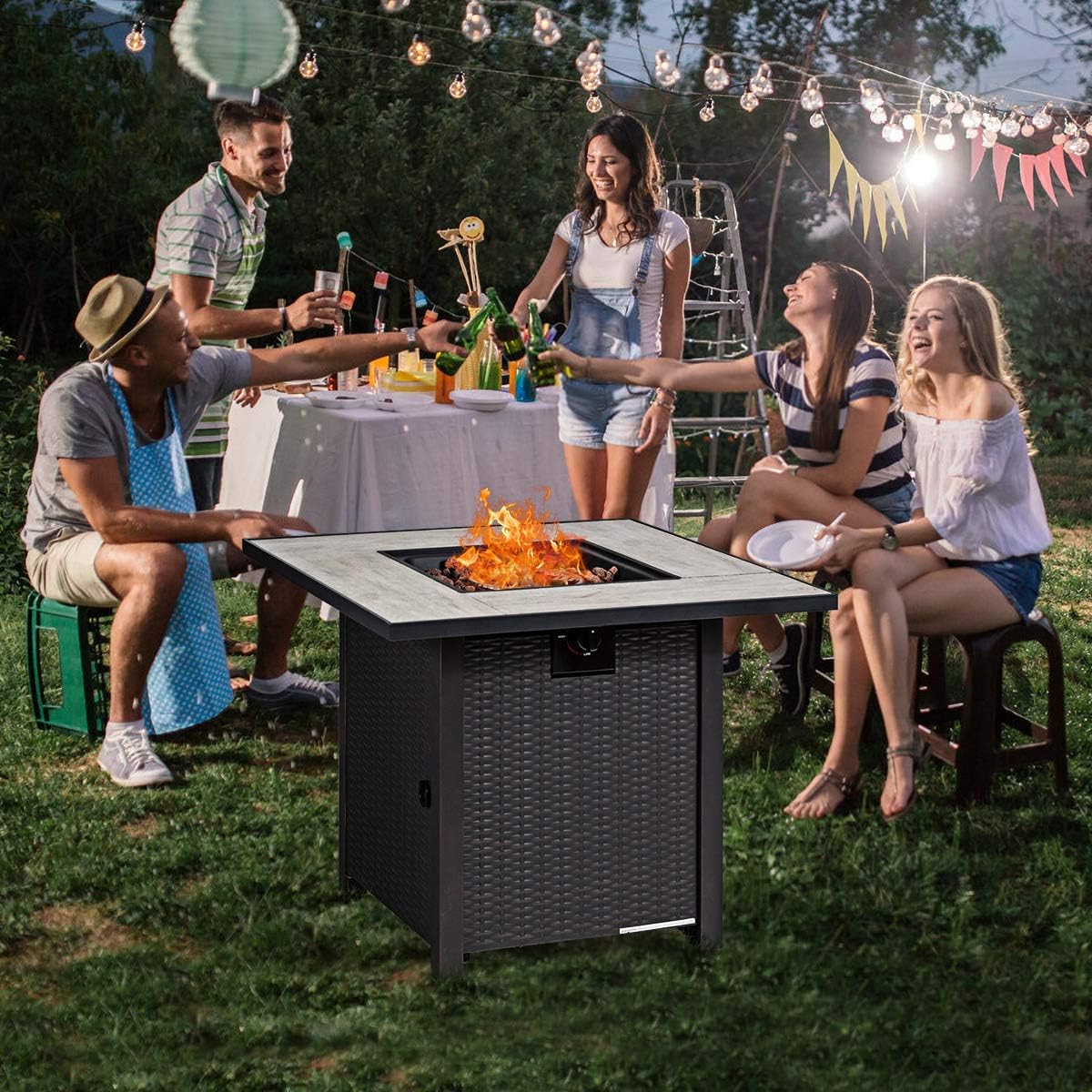 Giantex Propane Fire Pit Table, 30 inch 50,000 BTU Square Gas Firepits w/Ceramic Tabletop, Emboss Gas Heater w/Lava Rock, Waterproof Cover, ETL and CSA Certification for Outside(Black & Gray)