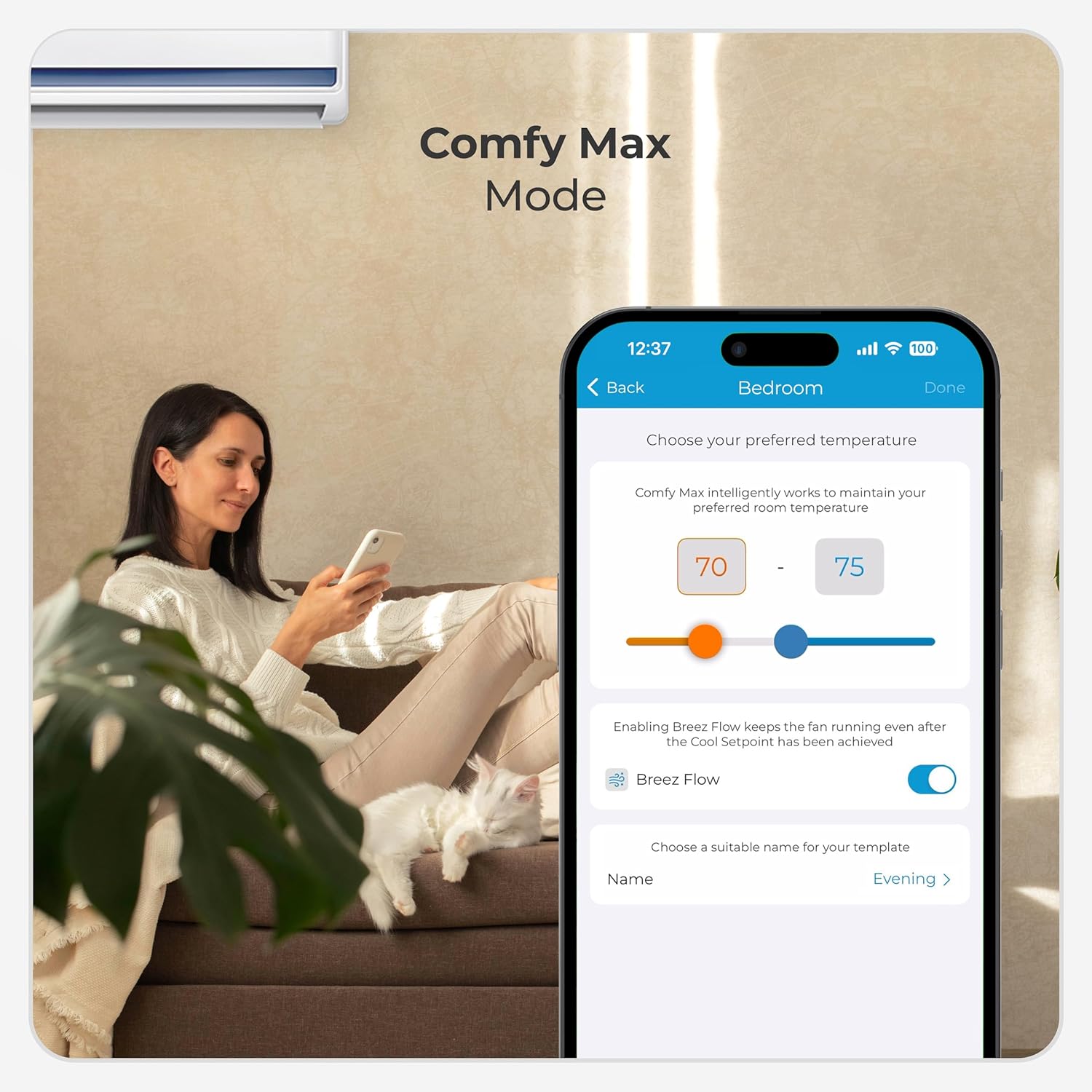 Breez Max | ENERGY STAR CERTIFIED Smart AC Controller | WiFi Thermostat for Mini-Split, Window, Portable ACs/Heat Pumps | AI-Based Tech | Free App, No Subscriptions | Alexa, Google, IFTTT etc. (White)