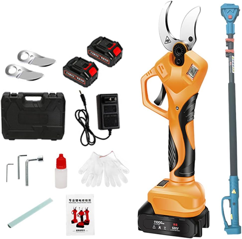 Cordless Pruning Shears, Electric Pruner with Reach Extension Pole, 21V Lithium Battery, Titanium Plated SK5 Blades, 50MM Cutting Diameter, LCD Display Screen,Battery*2