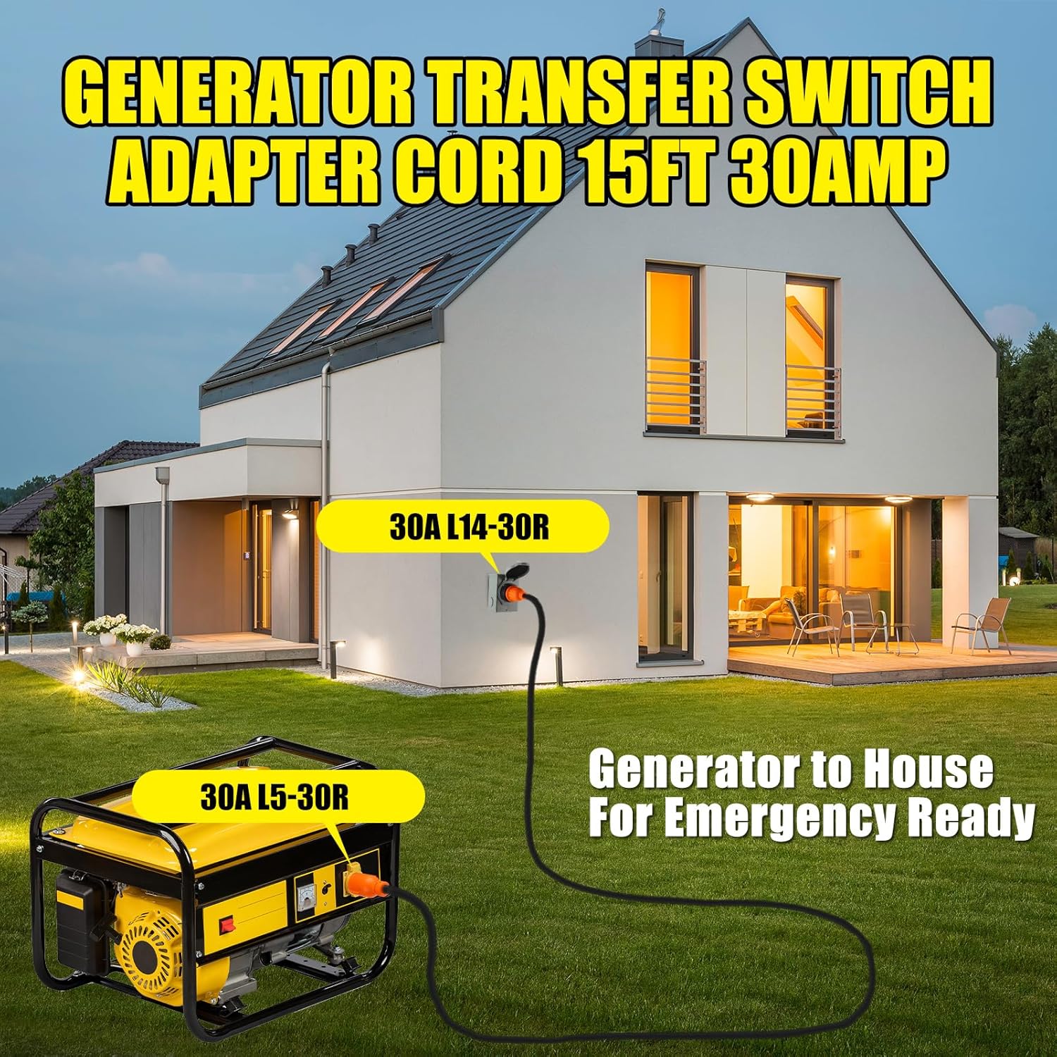 NEMA L5-30P to L14-30R Generator Transfer Switch Adapter Cord, 30 Amp Locking L5-30P Male to L14-30R Female Locking Ring Generator to House Inlet Box Adapter, STW 10 AWG, ETL Listed (25ft)