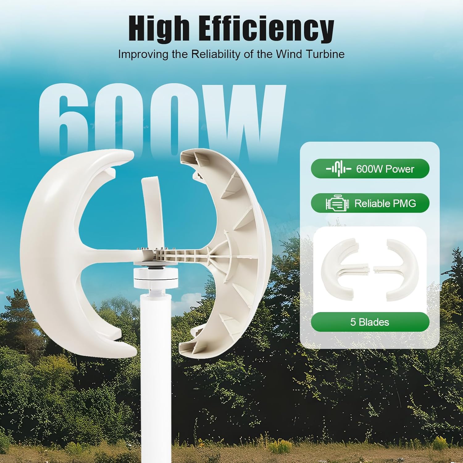 Wind Turbine Generators Kit, 12V 600W Lantern Wind Turbine Generator, 5-Blade Vertical Axis Wind Turbine Generator with Controller, Suit for Home, Camping & Boat Use