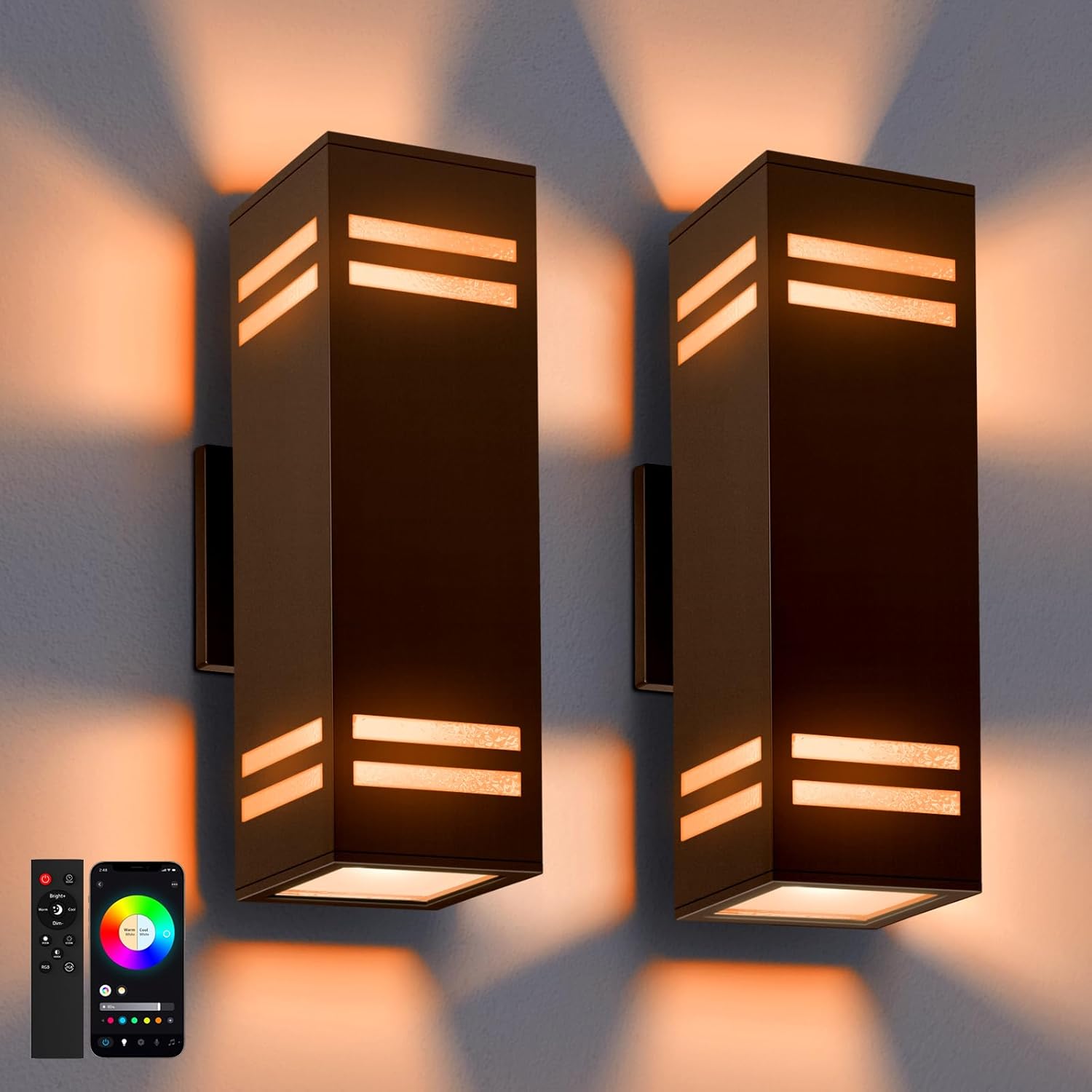 Smart Outdoor Wall Lights 2 Pack, IP65 RGB Wall Lights Up Down Outdoor Lights Color Changing, RGBCW APP Control Exterior Lighting Fixture Compatible with Alexa Google Assistant
