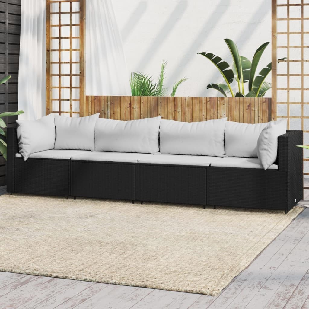 Patio Furniture, 4 Piece Patio Lounge Set with Cushions Black Poly Rattan