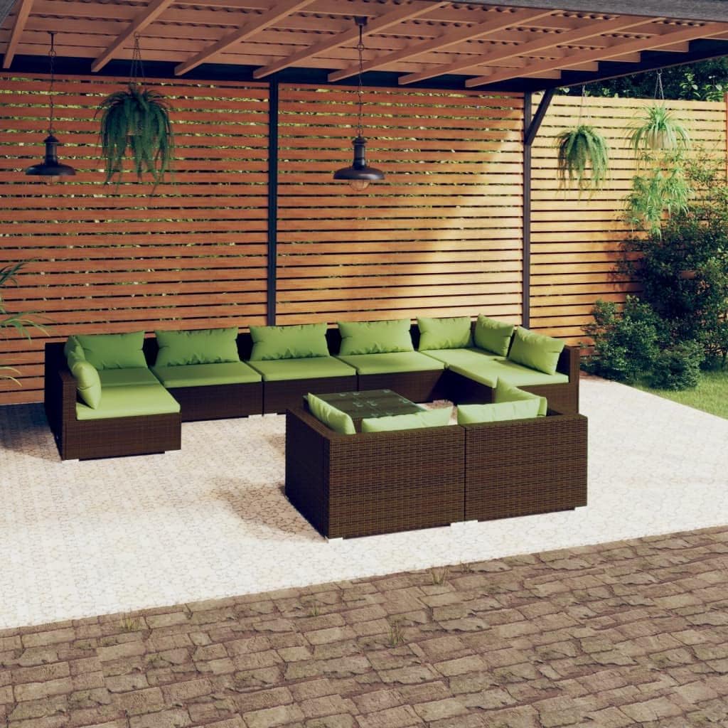 Furniture Sets 10 Piece Patio Lounge Set with Cushions Brown Poly Rattan,Premium Patio Lounge Set: Modular Rattan Sofa with Comfortable Cushions and Weatherproof Design Garden Conversation Sets