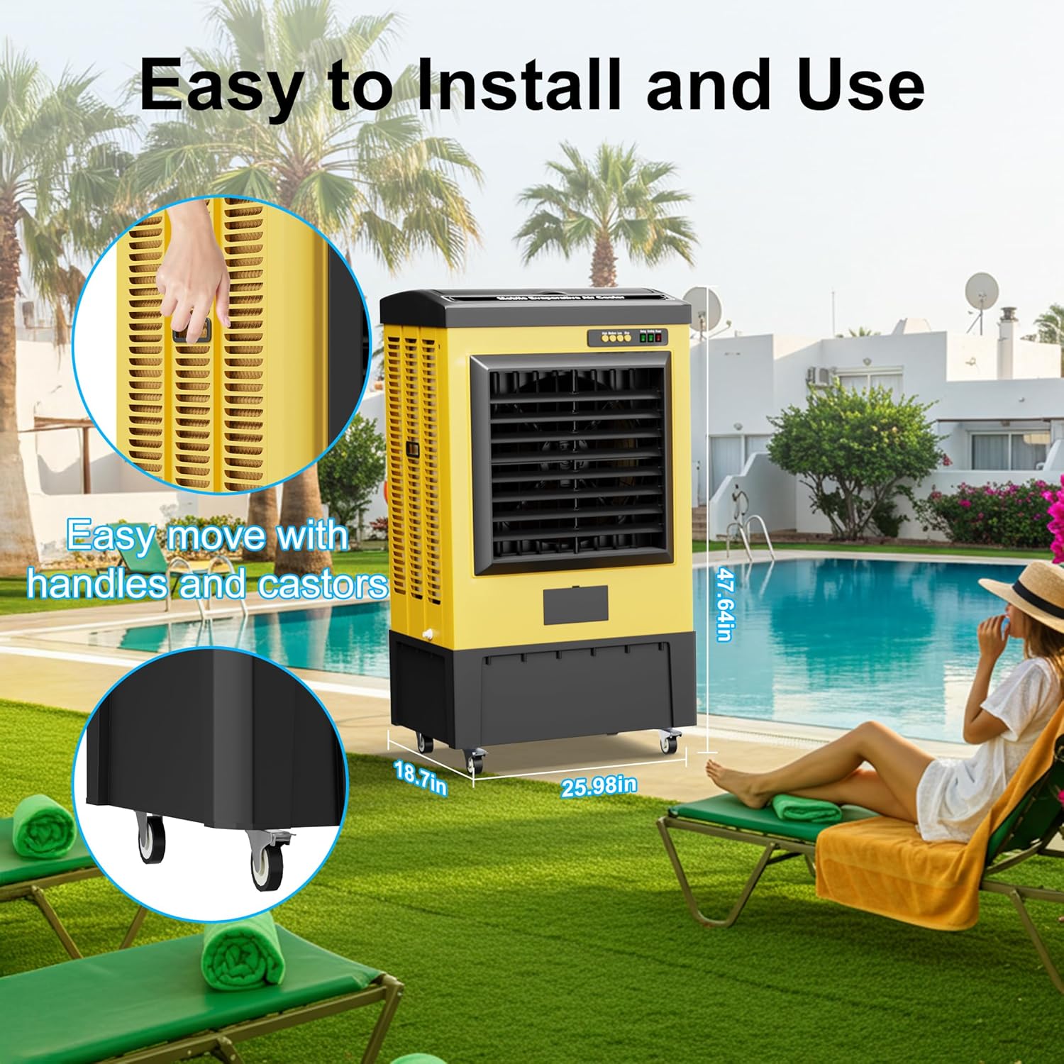 AKIRES 6500CFM Swamp Coolers,Evaporative Air Cooler for 1600Sq.ft of Space,with Continuous Auto Fill,19-Gal Water Tank,120°Oscillation,5 Ice Packs,Cooling Fan for Outdoor,Indoor Yellow(48IN)