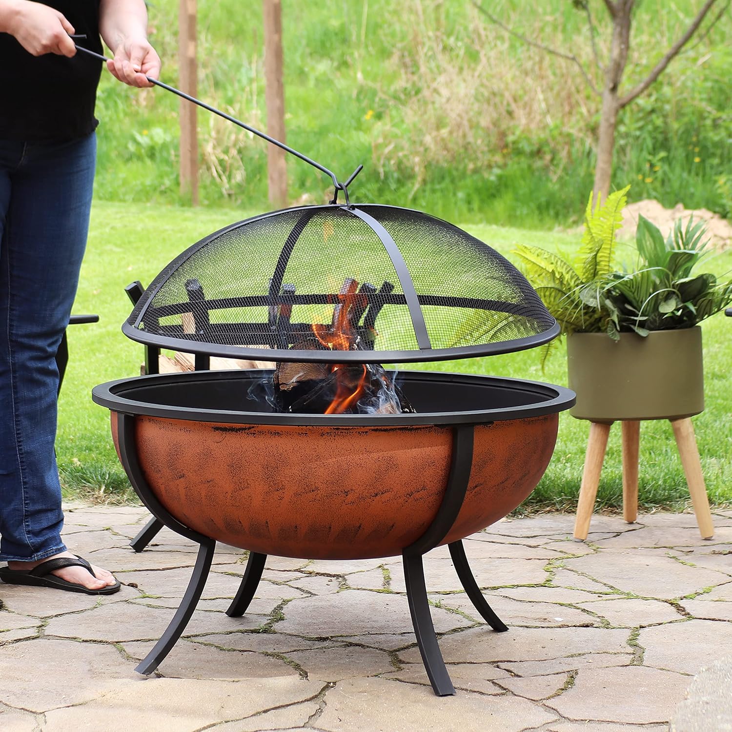 Sunnydaze 32-Inch Copper Fire Pit for Outside - Wood-Burning Fire Pit Bowl with Spark Screen, Wood Grate, and Poker