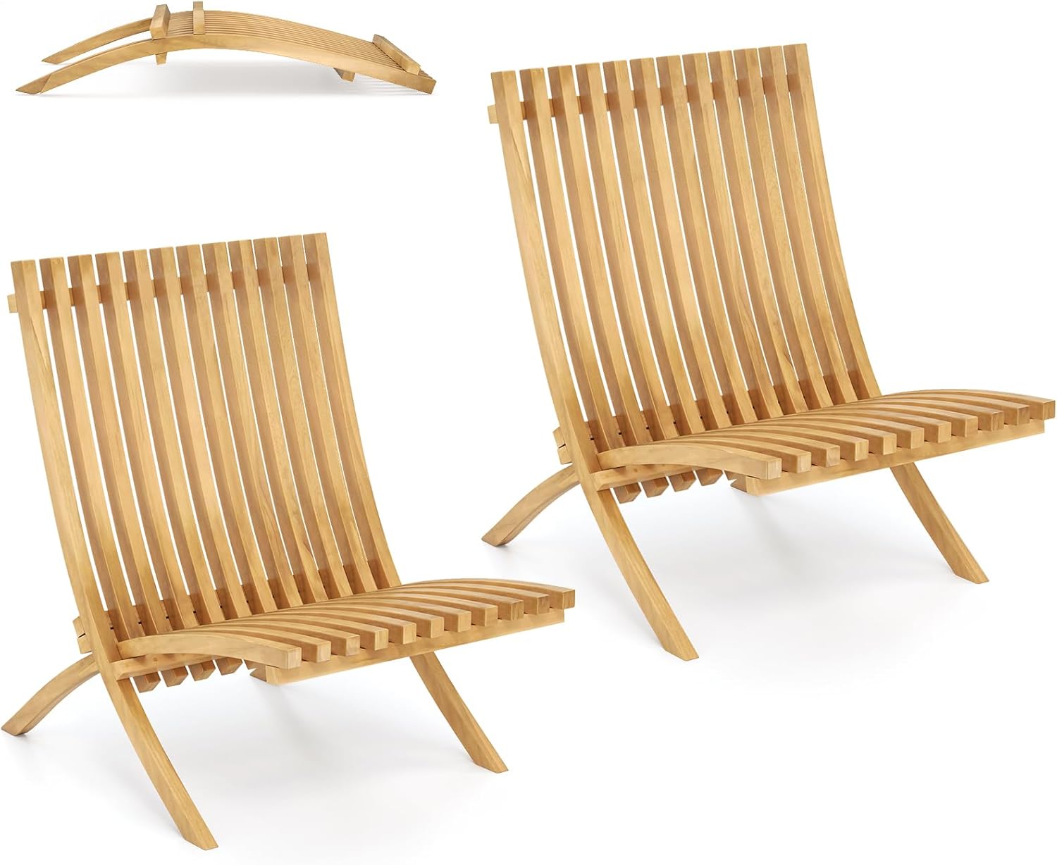 Tangkula Folding Patio Chair, Teak Wood Outdoor Lounge Chair with Slatted Seat and Backrest, Low Profile Fire Pit Chair for Porch, Balcony, Garden and Yard (2)