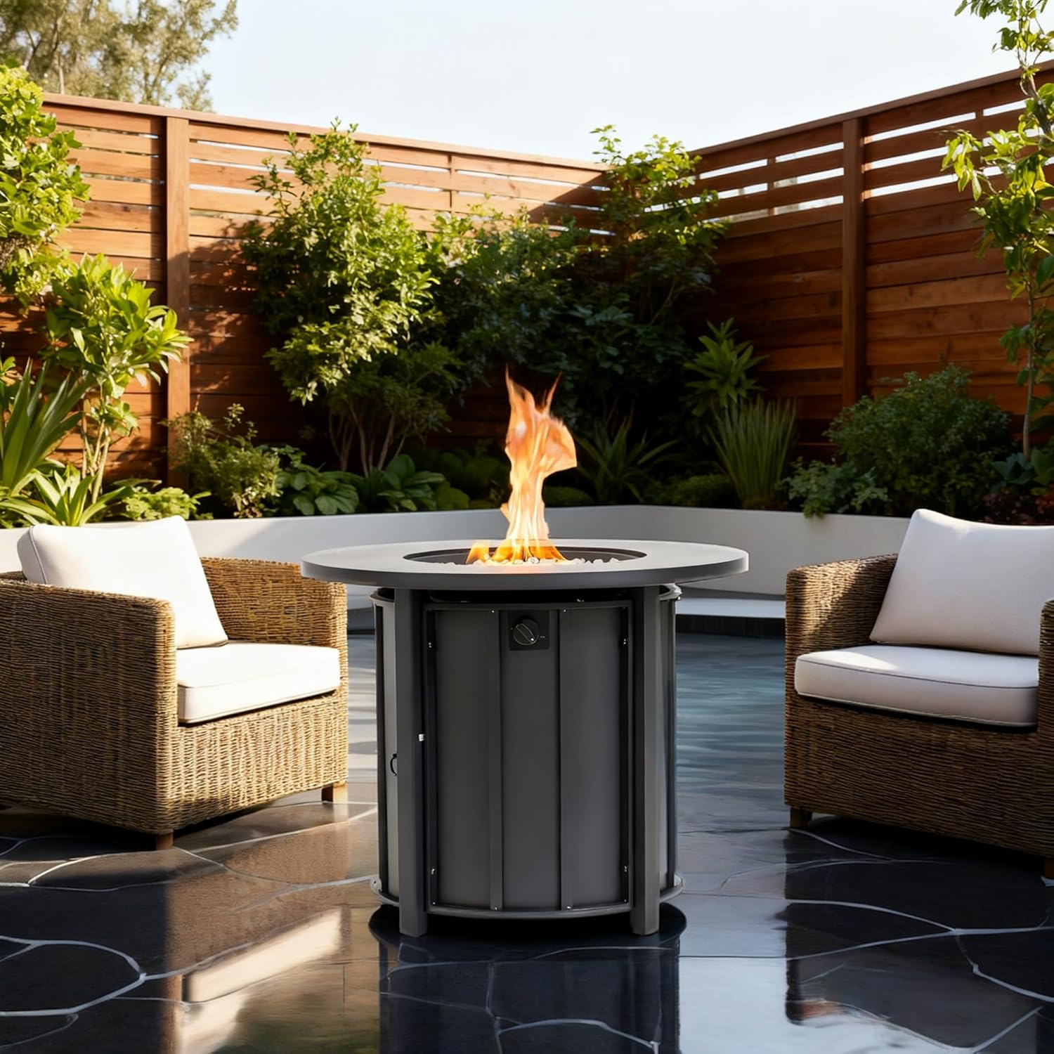 30 Inch Outdoor Fire Pit Table, 50000 BTU Round Steel Propane Fire Pit with Wood Grain Ceramic Tabletop Wide Top Surface, Smokeless Fire Pits for Outside Patio, Garden&Backyards Heating, Coffee Table