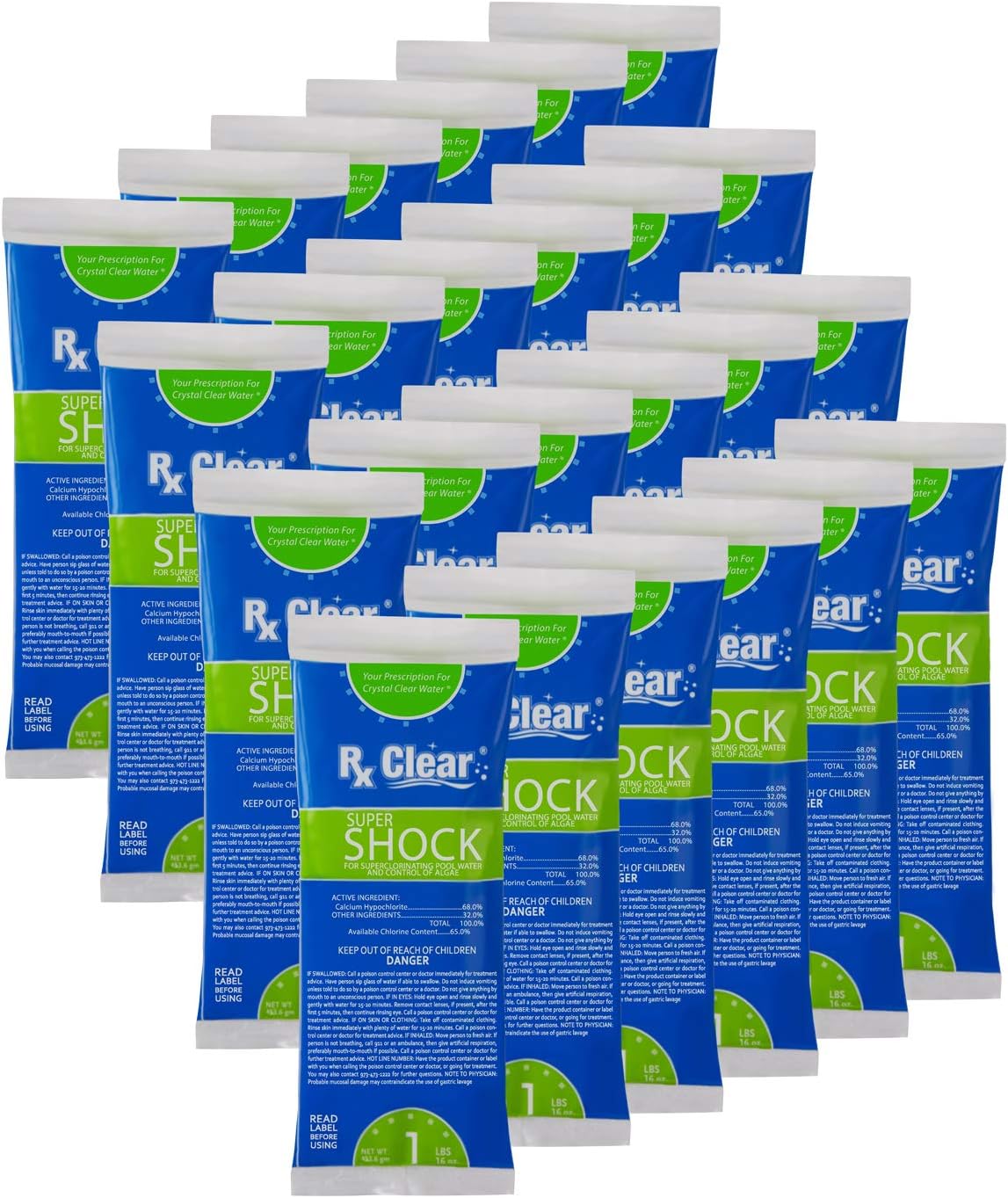 Rx Clear Super Shock for Synergy Pool Systems | for Superchlorinating Pool Water and Control of Algae | 68% Calcium Hypochlorite | One Pound Bags | 24 Pack