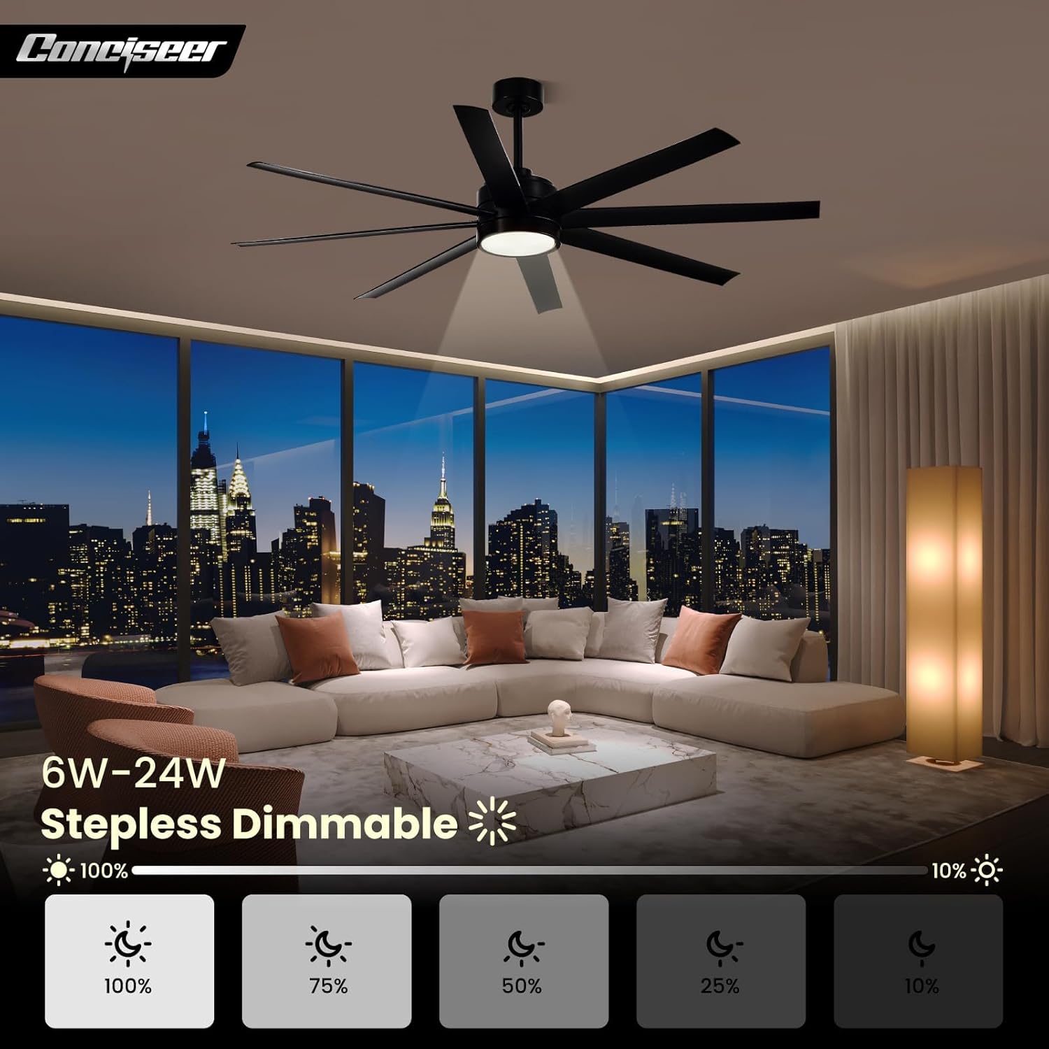 Modern Ceiling Fans with Lights, 65 Inch Ceiling Fan with Light and Remote for Bedroom Living Room Kitchen Office, Indoor/Outdoor Use, 24W 3CCT 8 Blades 6 Speed Reversible Quiet DC Motor, Black