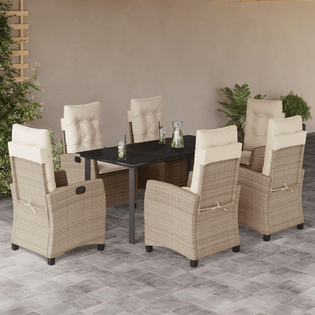 7 Piece Patio Dining Set with Cushions Beige Poly Rattan,Outdoor Garden Dining Set: Adjustable Rattan Chairs with Glass Table for Patio Patio Furniture Sets, Outdoor Furniture Sets
