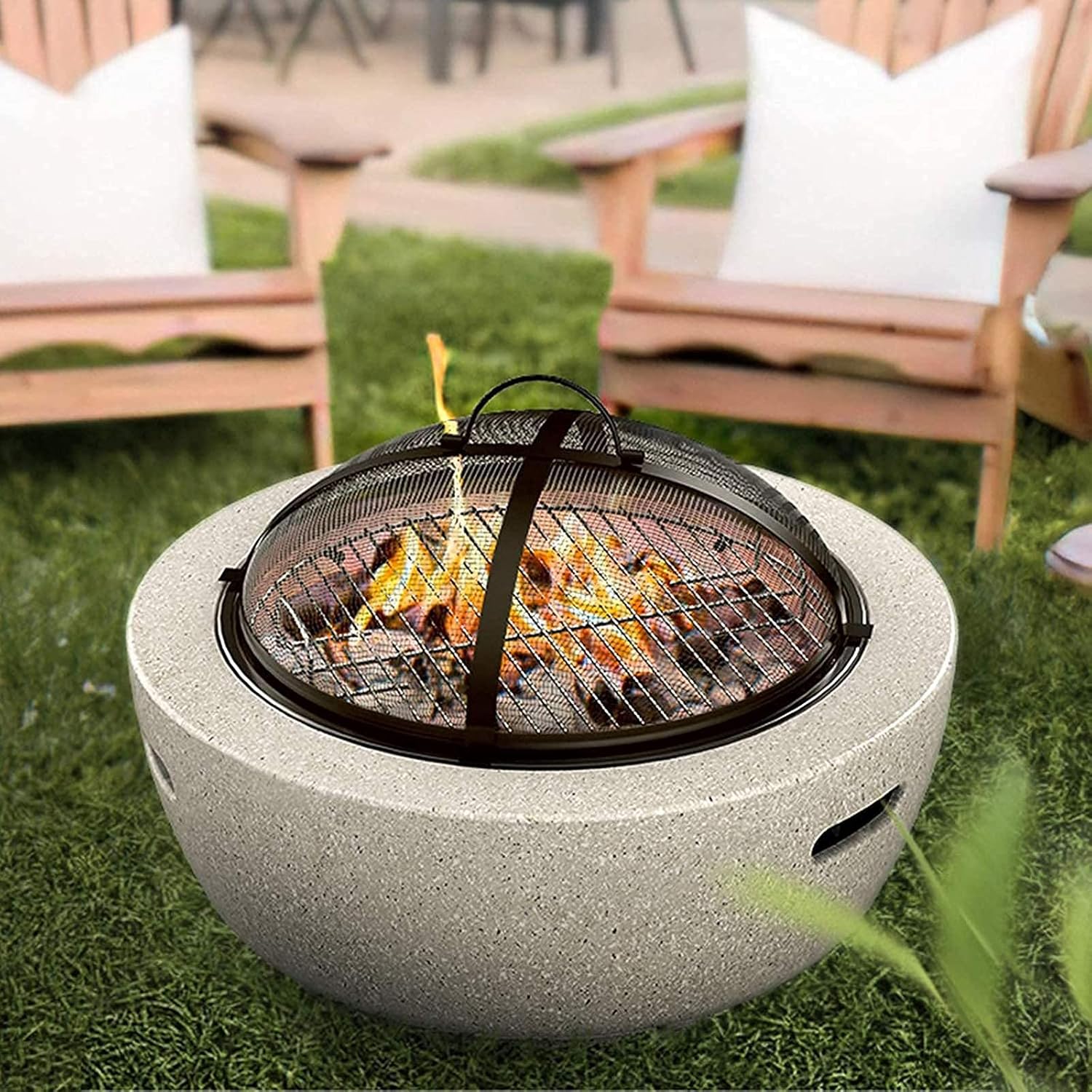 Small Fire Pit, Fire Pit with BBQ Grill Shelf, Garden Patio Heater Charcoal Log Wood Burner Fire Bowl with an Edging of Artificial Stone Outdoor Fire Pit Bowl
