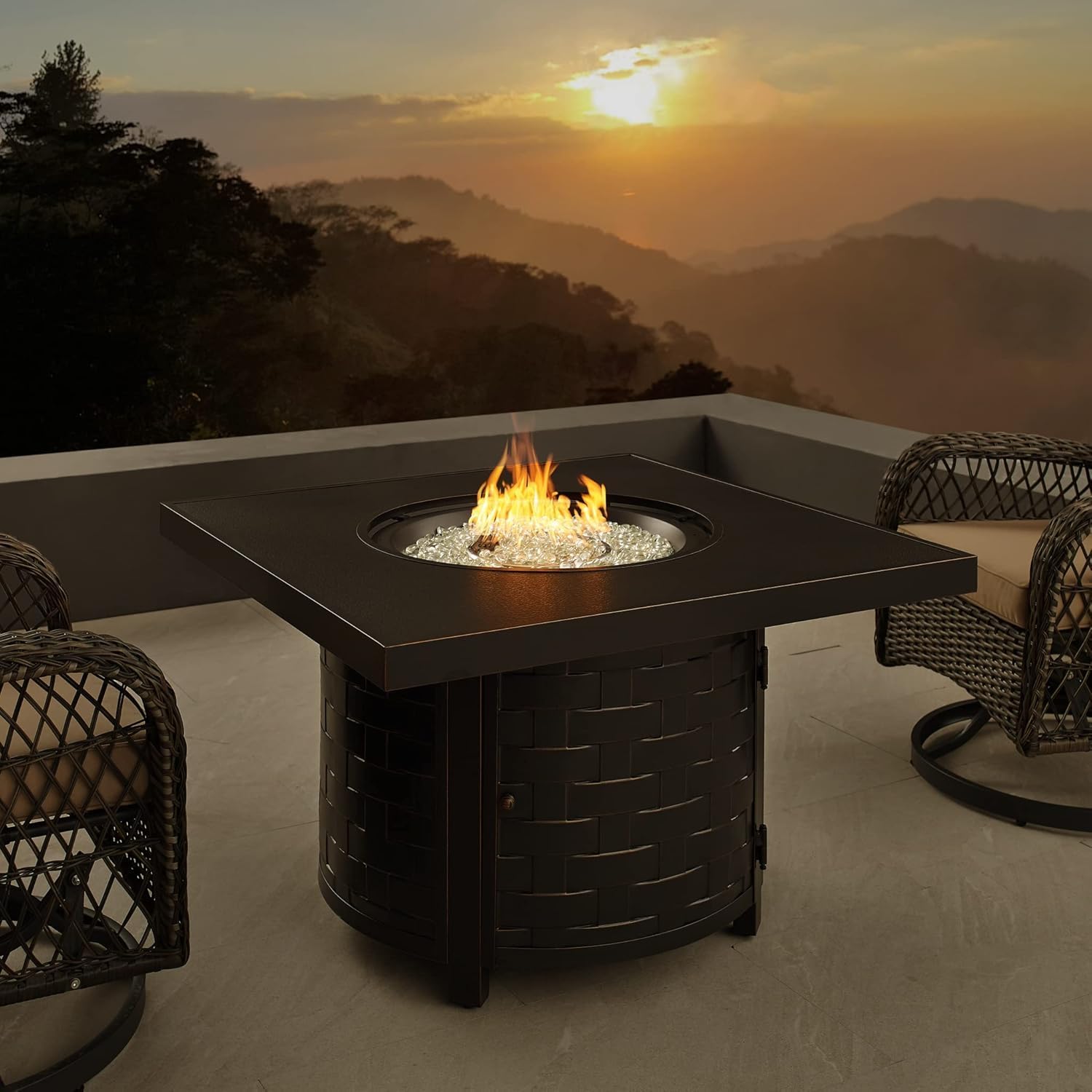 Square LPG/NG Gas Fire Pit Table 55K BTU w/Burner Lid, Cover, Fire Glass #65153
