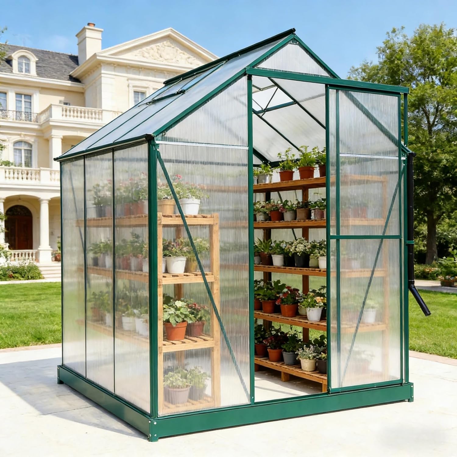 6x6 FT Greenhouse, Walk-in Polycarbonate Greenhouse, Heavy Duty Aluminum Outdoor Green House Kit with Sliding Door, Roof Vent, Rain Gutter for Backyard Garden All Season Growing, Green