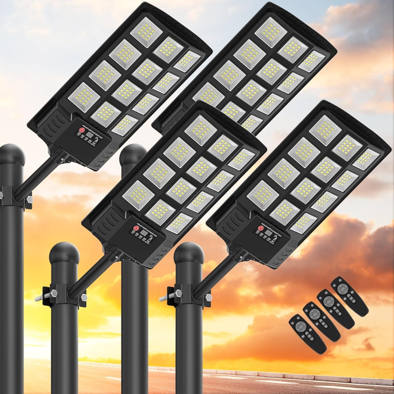 Solar Street Lights Outdoor Waterproof,52000LM 320° Wide Angle Solar Flood Light, LED Parking Light with Motion Sensor and Remote Control, Suitable for Street, Parking lot-4PACK