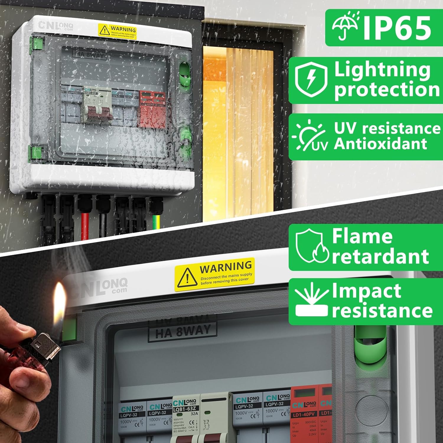 2 String Solar PV Combiner Box with 10pcs Fuse Link 10A DC1000V IP65 2 in 1 Out DC500V 32A Circuit Breaker with Surge Protector and 15A PV Fuse,Solar Disconnect Switch Outdoor Waterproof for Solar Pan