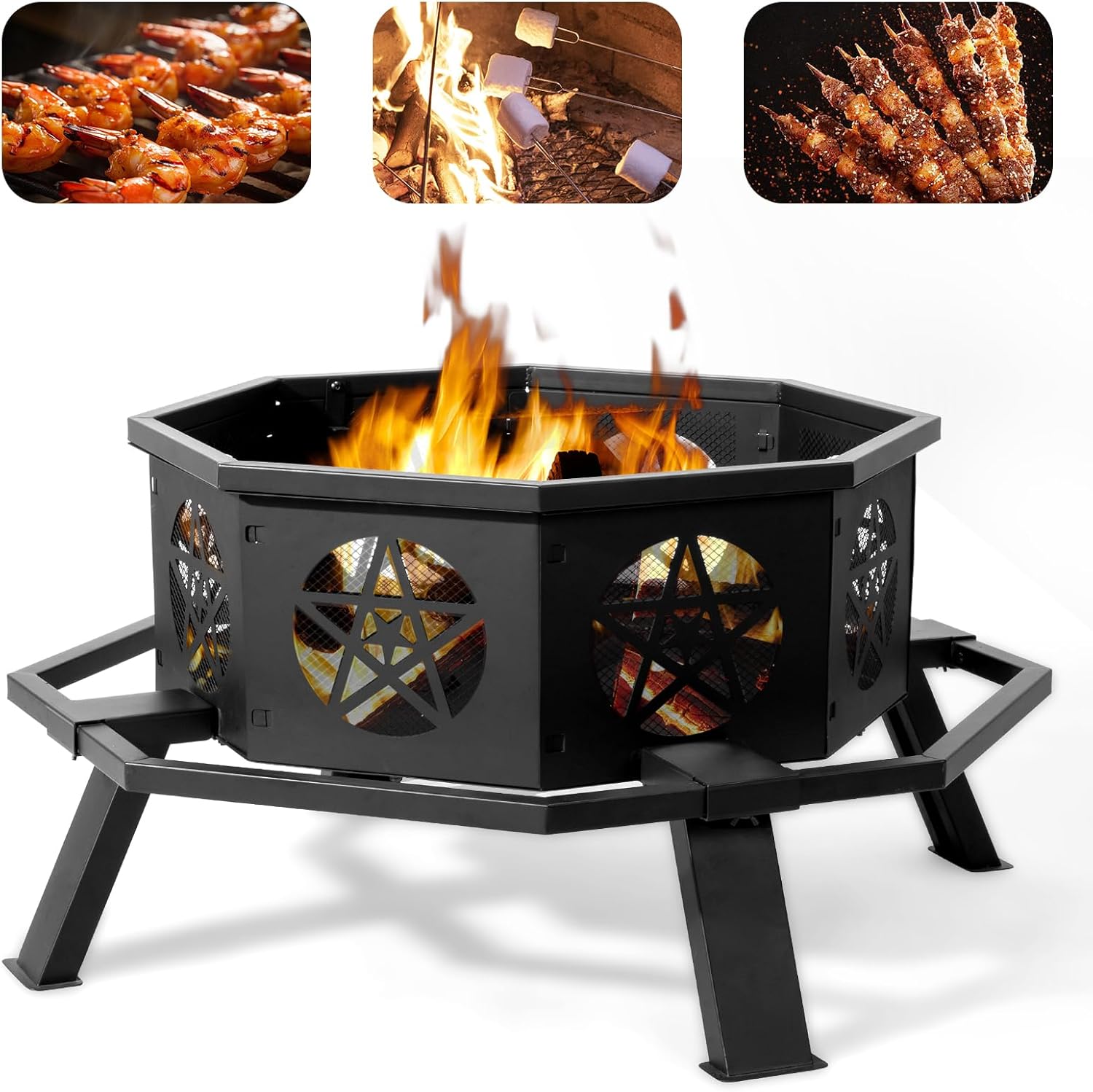 35 inch Fire Pit for Outside, Heavy Duty Wood Burning Fire Pits with Fire Poker, Outdoor Octagonal Firepit for Camping, Yard, Patio